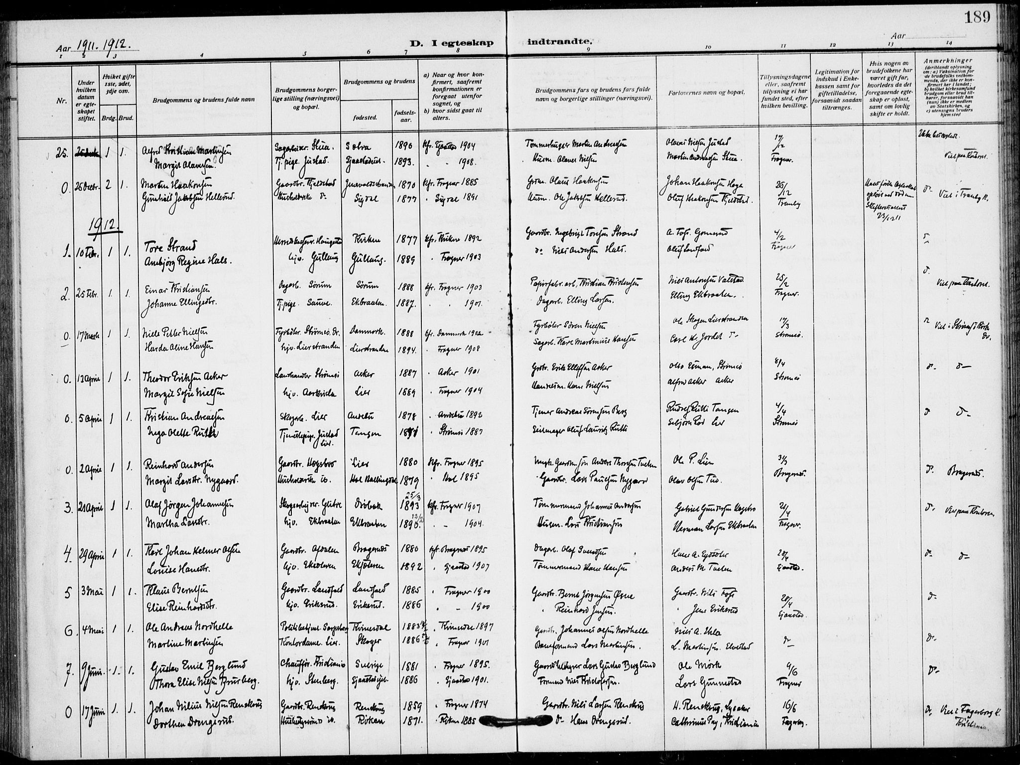 Lier kirkebøker, AV/SAKO-A-230/F/Fa/L0018: Parish register (official) no. I 18, 1909-1917, p. 189