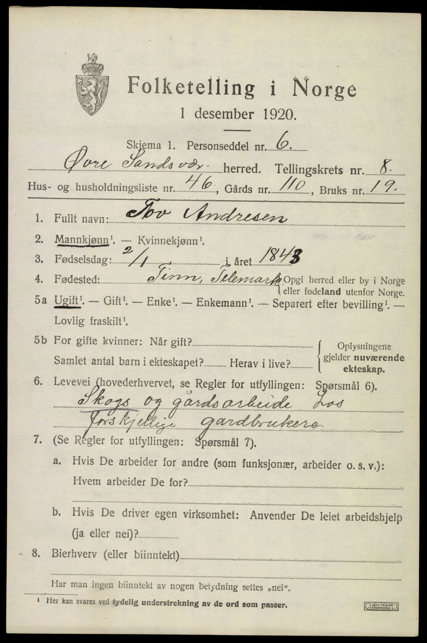 SAKO, 1920 census for Øvre Sandsvær, 1920, p. 4688