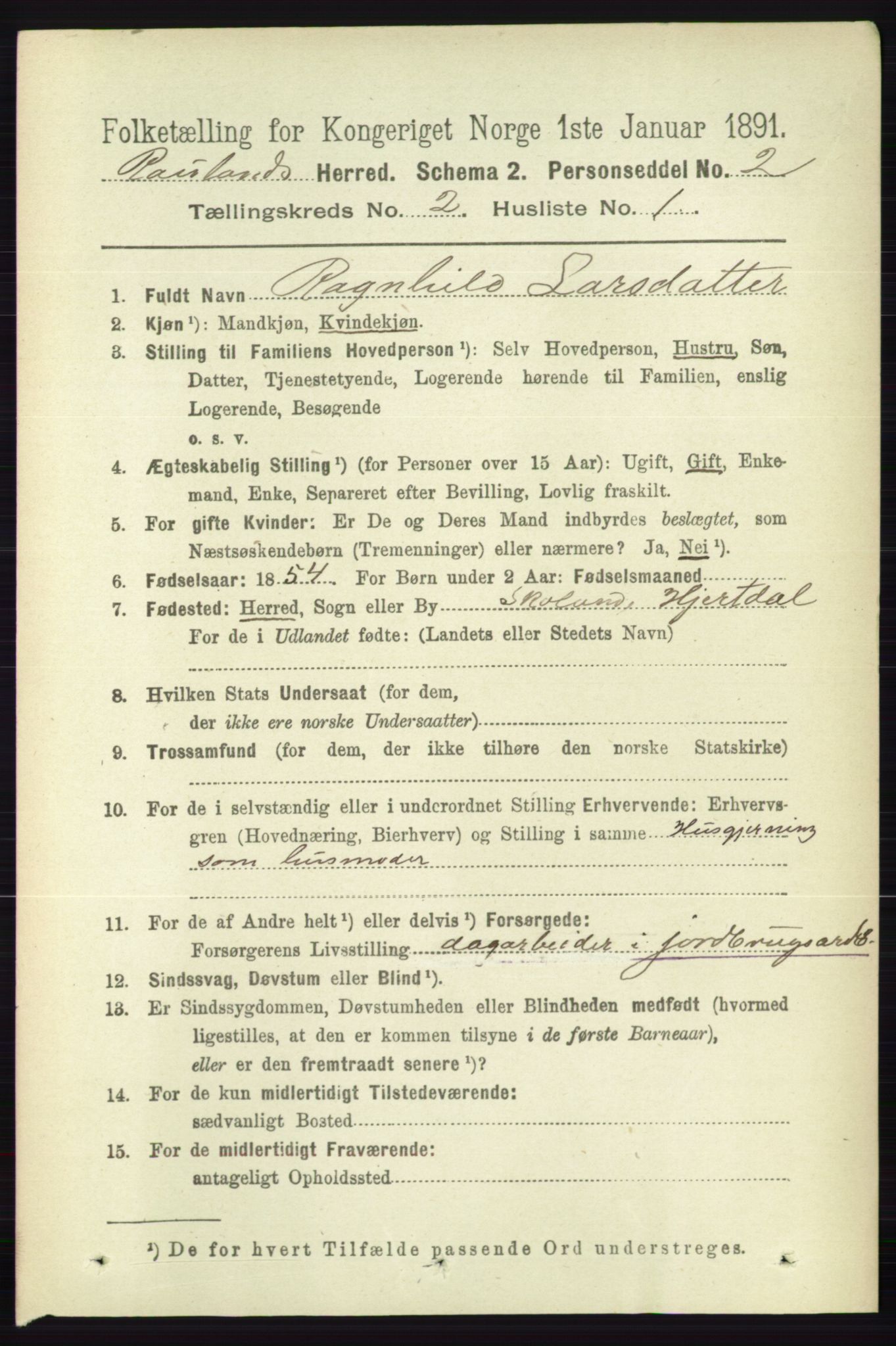 RA, 1891 census for 0835 Rauland, 1891, p. 257