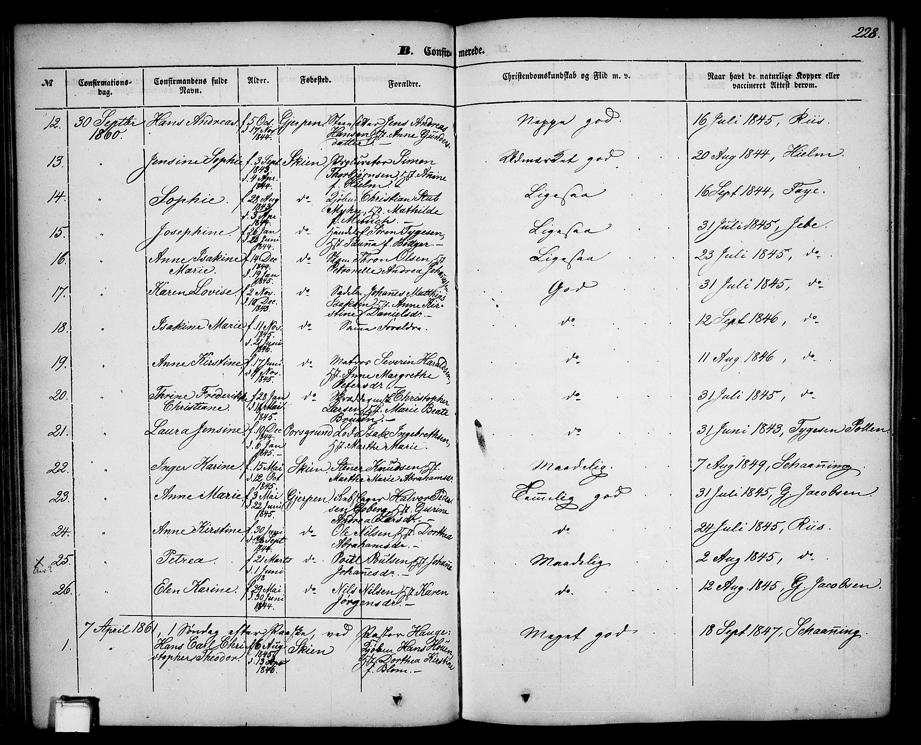 Skien kirkebøker, SAKO/A-302/G/Ga/L0004: Parish register (copy) no. 4, 1843-1867, p. 228
