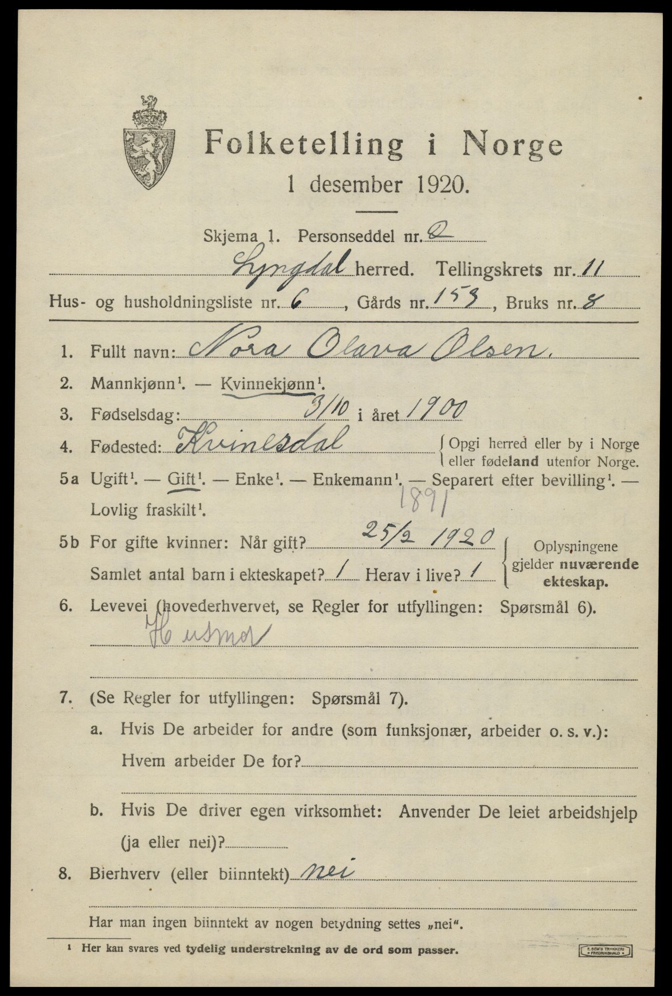 SAK, 1920 census for Lyngdal, 1920, p. 5339