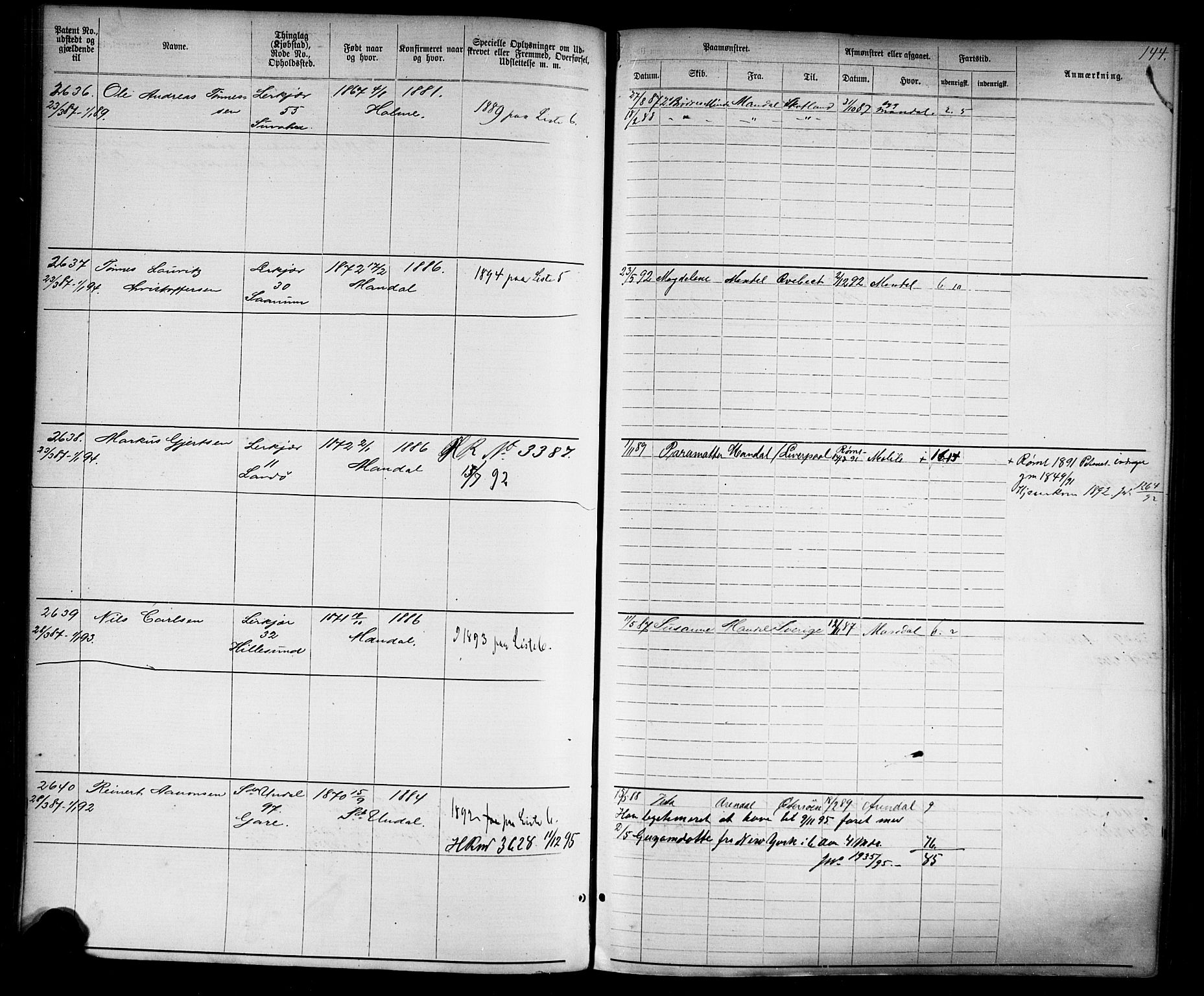 Mandal mønstringskrets, SAK/2031-0016/F/Fa/L0002: Annotasjonsrulle nr 1921-3830 med register, L-4, 1881-1901, p. 178