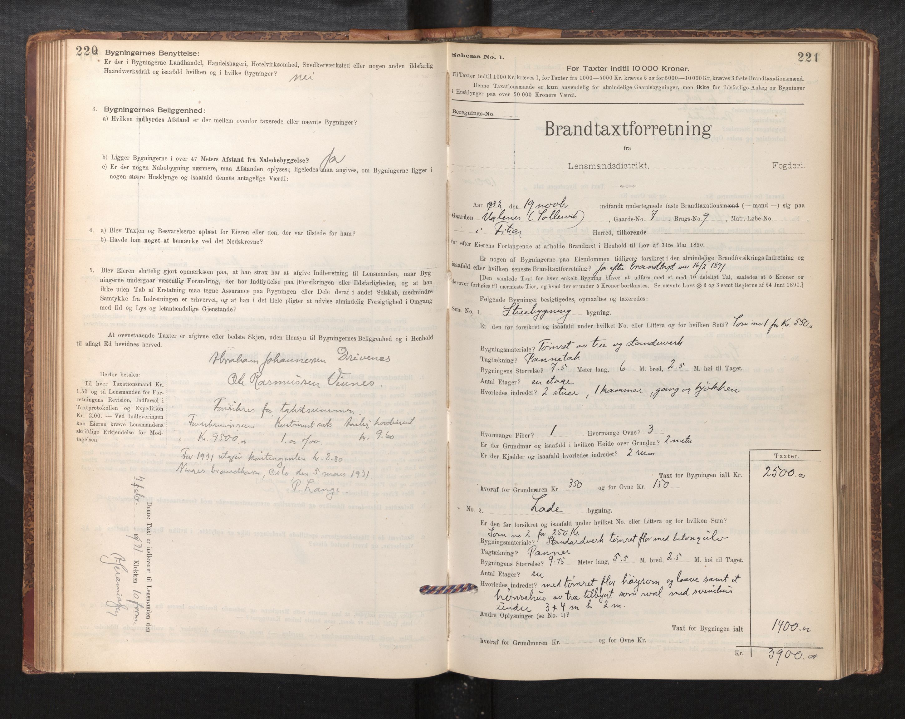 Lensmannen i Fitjar, SAB/A-32001/0012/L0001: Branntakstprotokoll, skjematakst, 1895-1948, p. 220-221