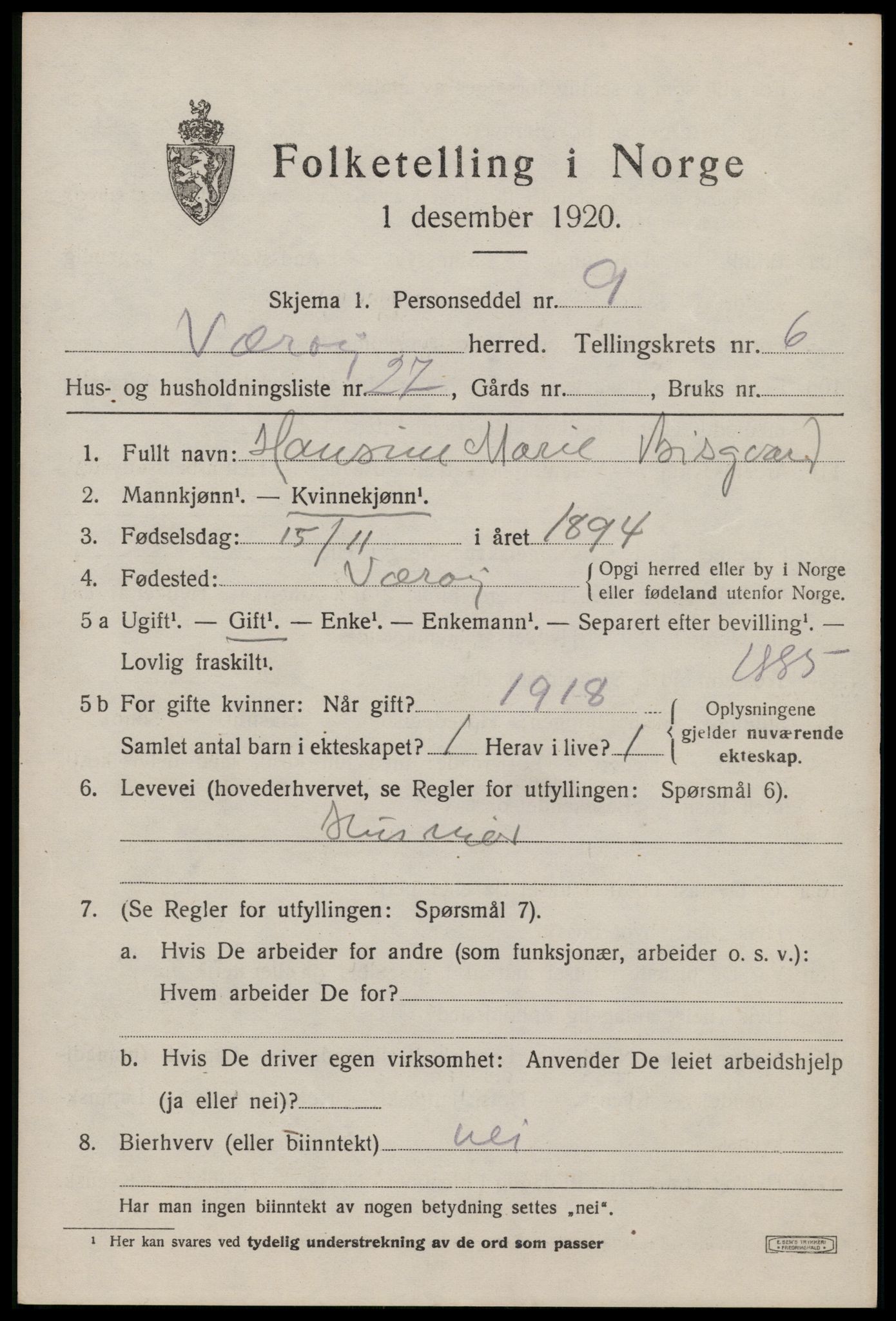 SAT, 1920 census for Værøy, 1920, p. 3923