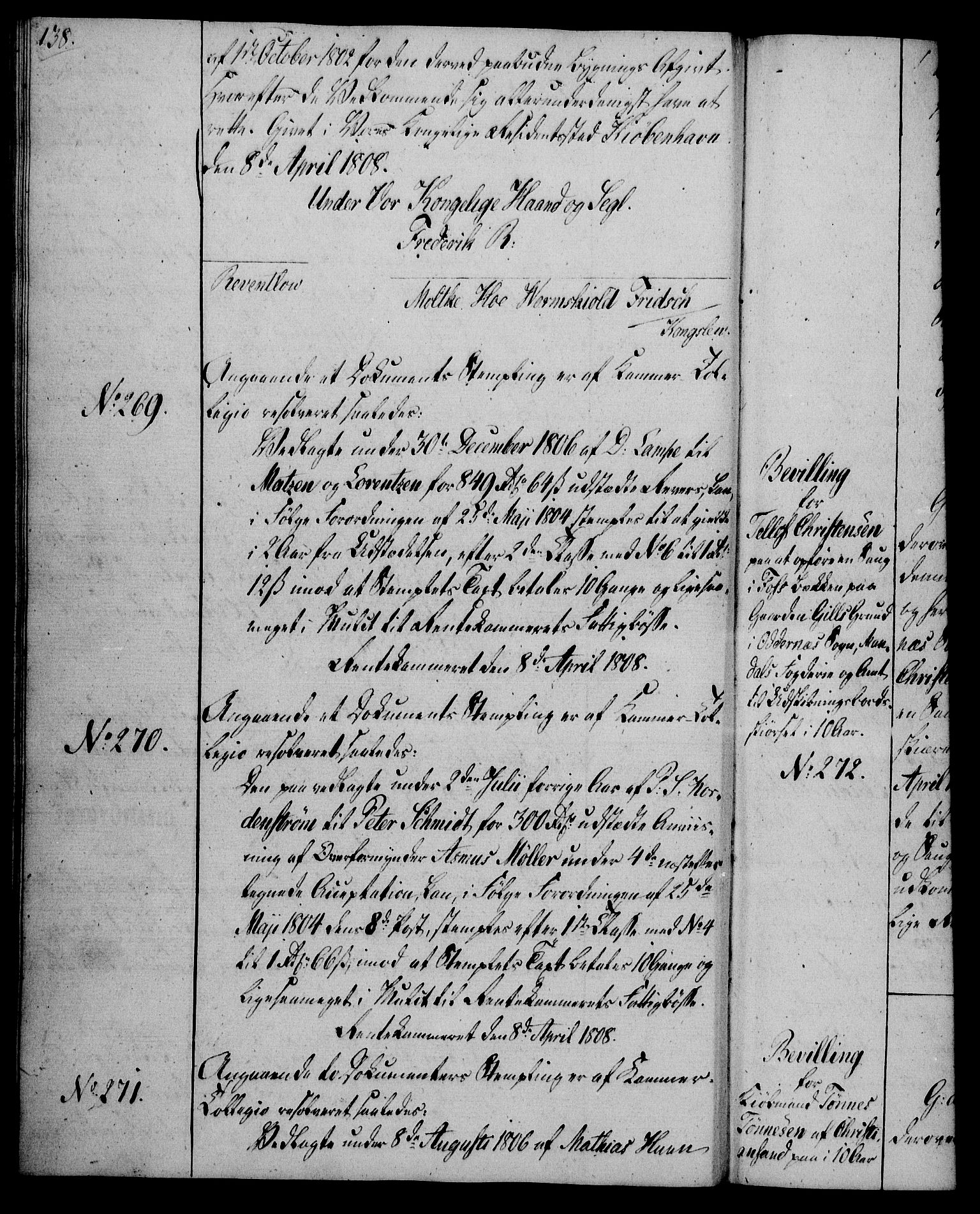 Rentekammeret, Kammerkanselliet, RA/EA-3111/G/Gg/Gga/L0019: Norsk ekspedisjonsprotokoll med register (merket RK 53.19), 1807-1810, p. 138