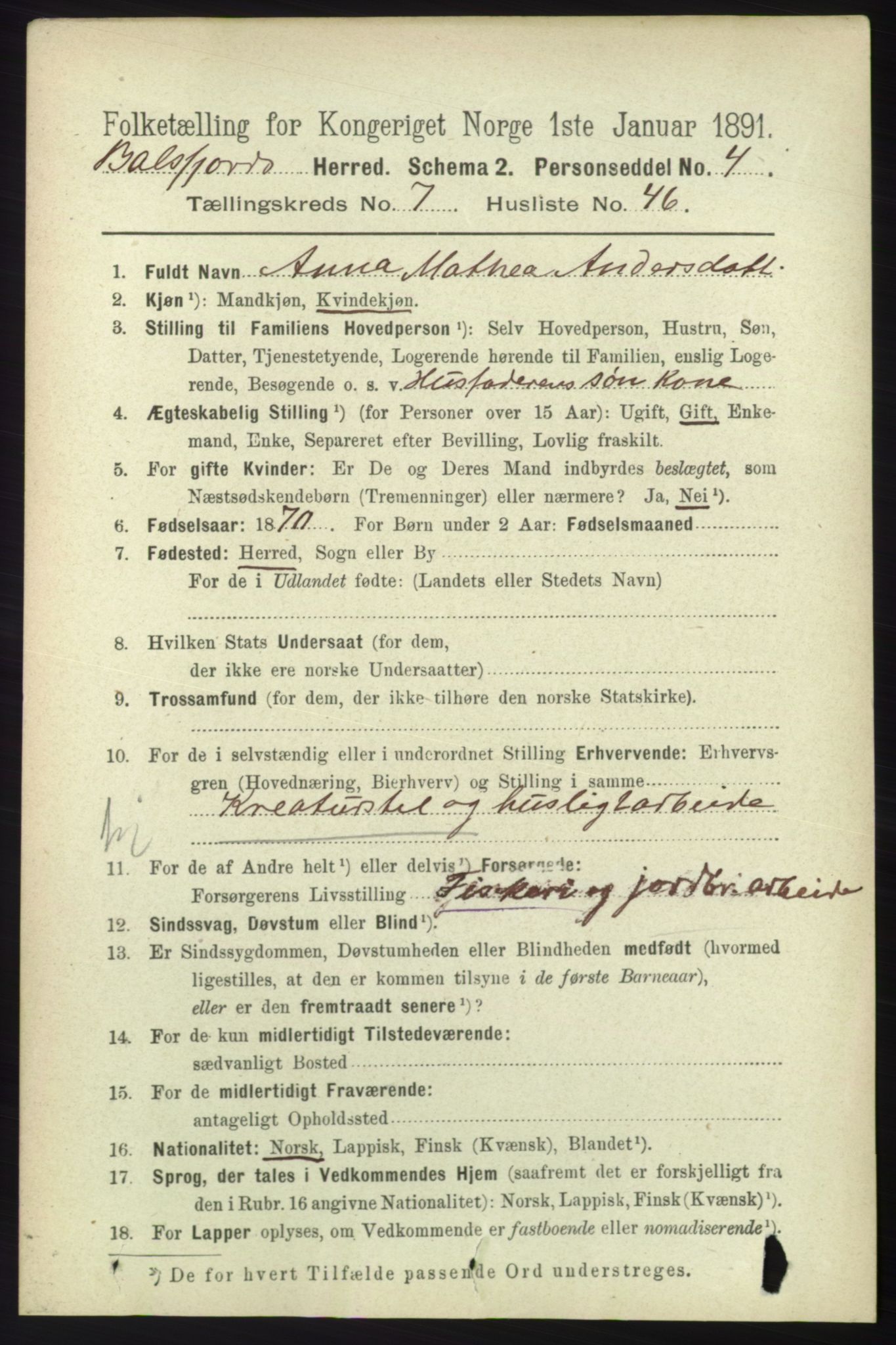 RA, 1891 census for 1933 Balsfjord, 1891, p. 2342