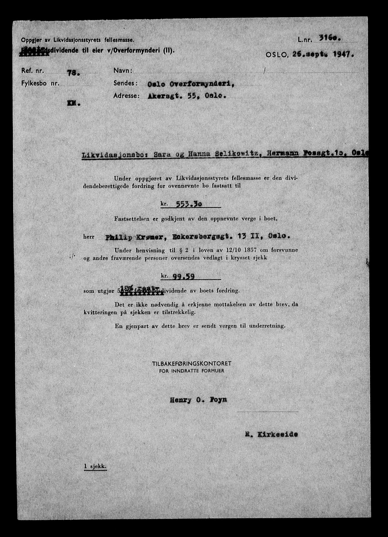 Justisdepartementet, Tilbakeføringskontoret for inndratte formuer, AV/RA-S-1564/H/Hc/Hcc/L0981: --, 1945-1947, p. 157