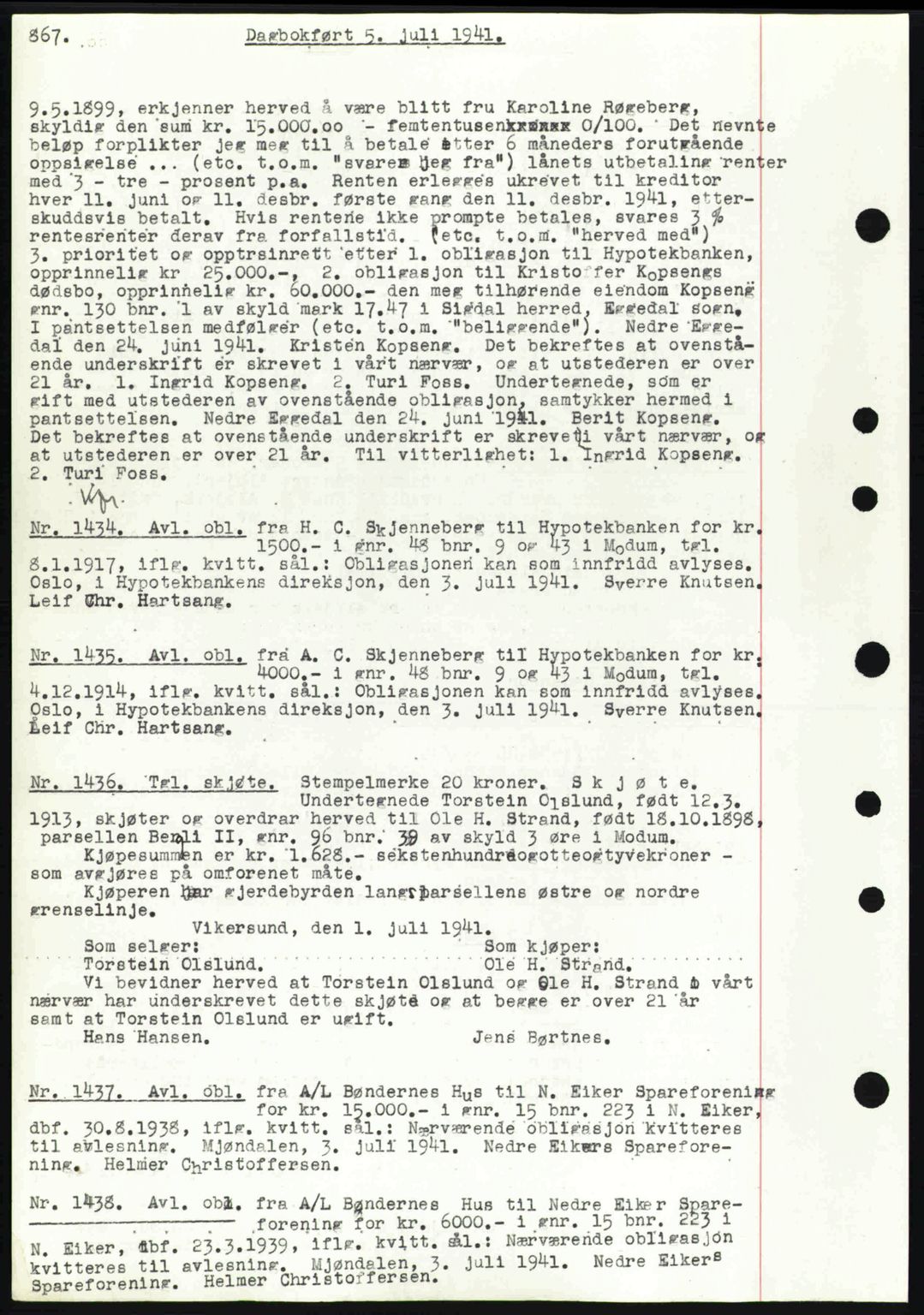 Eiker, Modum og Sigdal sorenskriveri, SAKO/A-123/G/Ga/Gab/L0043: Mortgage book no. A13, 1940-1941, Diary no: : 1434/1941