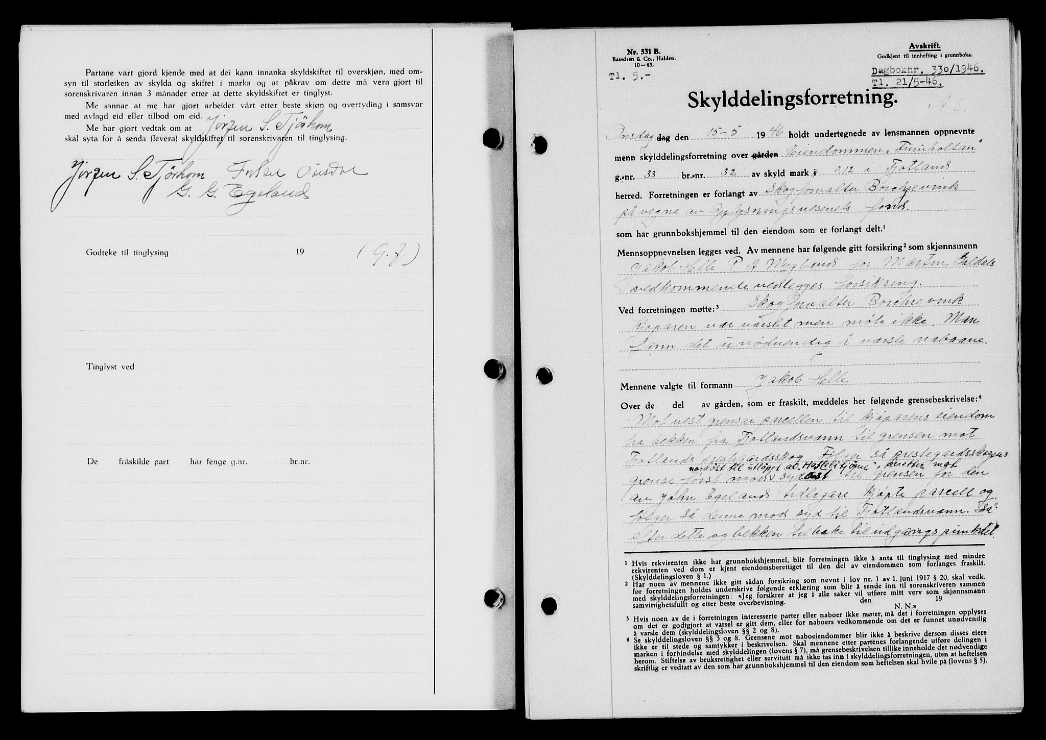 Flekkefjord sorenskriveri, AV/SAK-1221-0001/G/Gb/Gba/L0060: Mortgage book no. A-8, 1945-1946, Diary no: : 330/1946