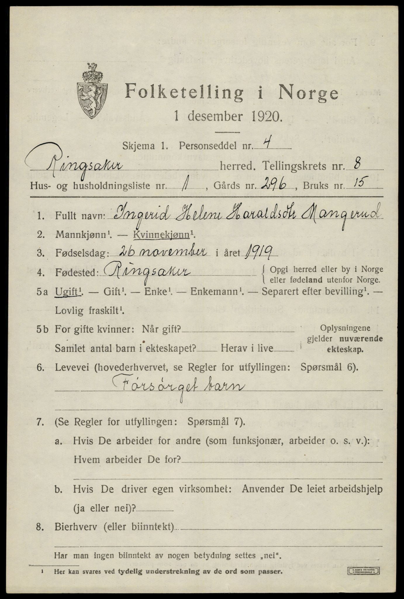 SAH, 1920 census for Ringsaker, 1920, p. 16960