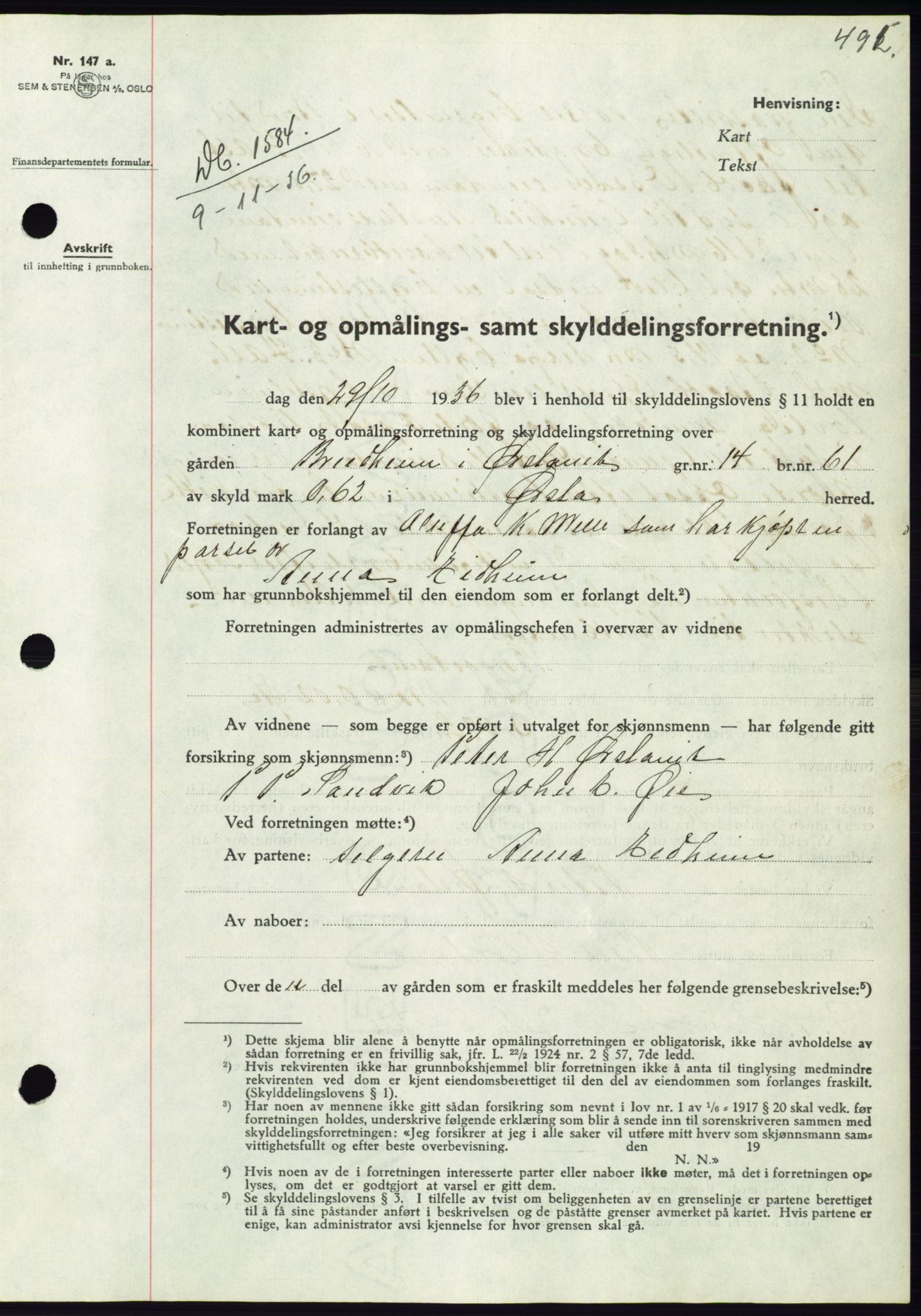 Søre Sunnmøre sorenskriveri, AV/SAT-A-4122/1/2/2C/L0061: Mortgage book no. 55, 1936-1936, Diary no: : 1584/1936