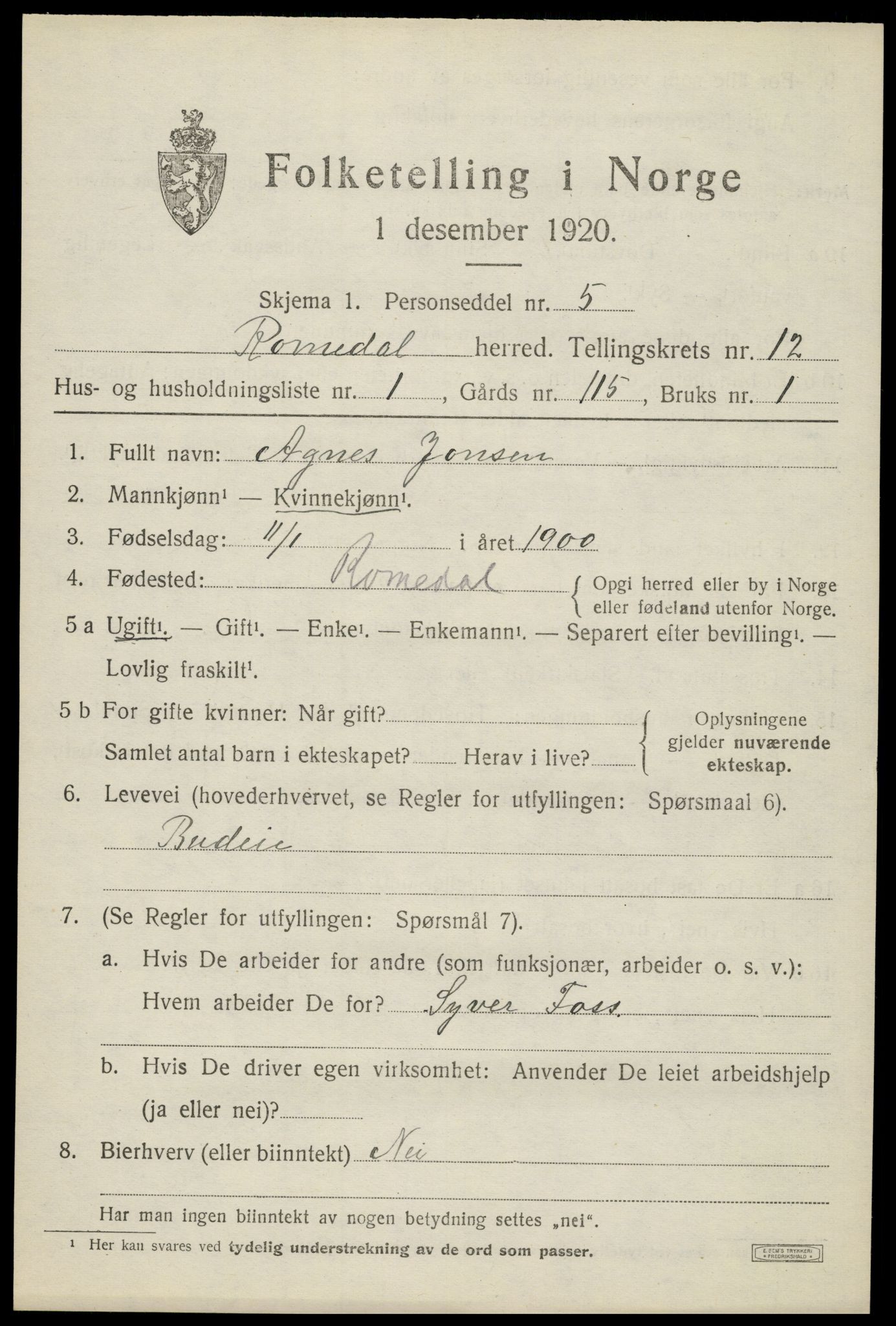 SAH, 1920 census for Romedal, 1920, p. 12603