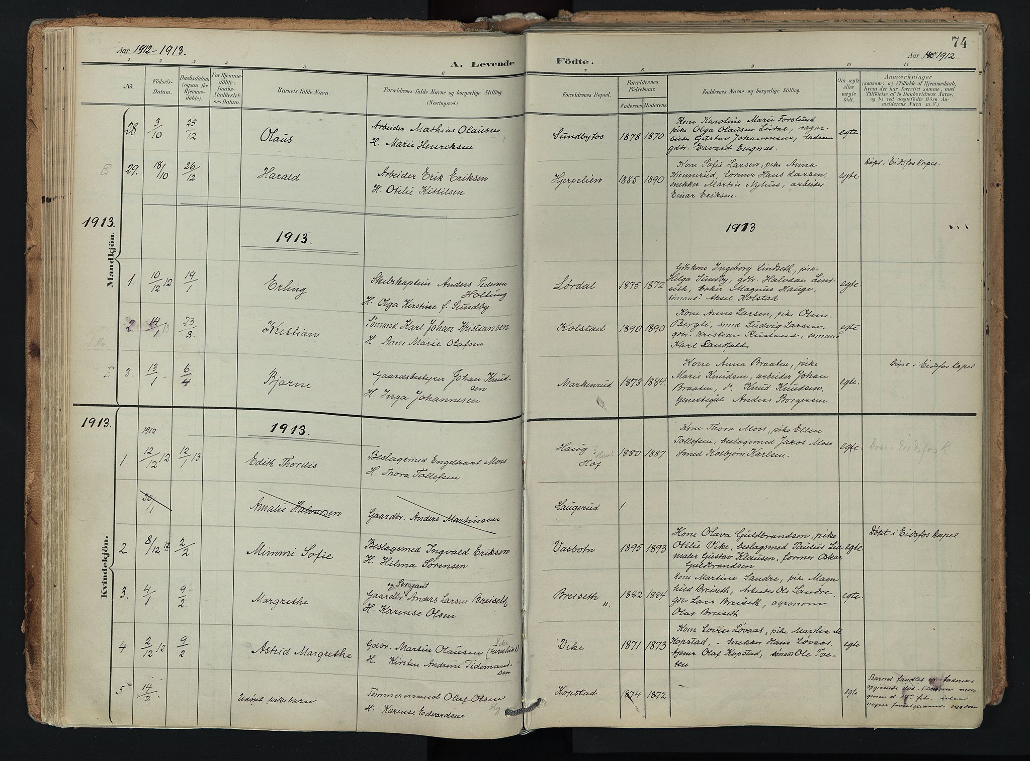 Hof kirkebøker, SAKO/A-64/F/Fa/L0008: Parish register (official) no. I 8, 1902-1921, p. 74
