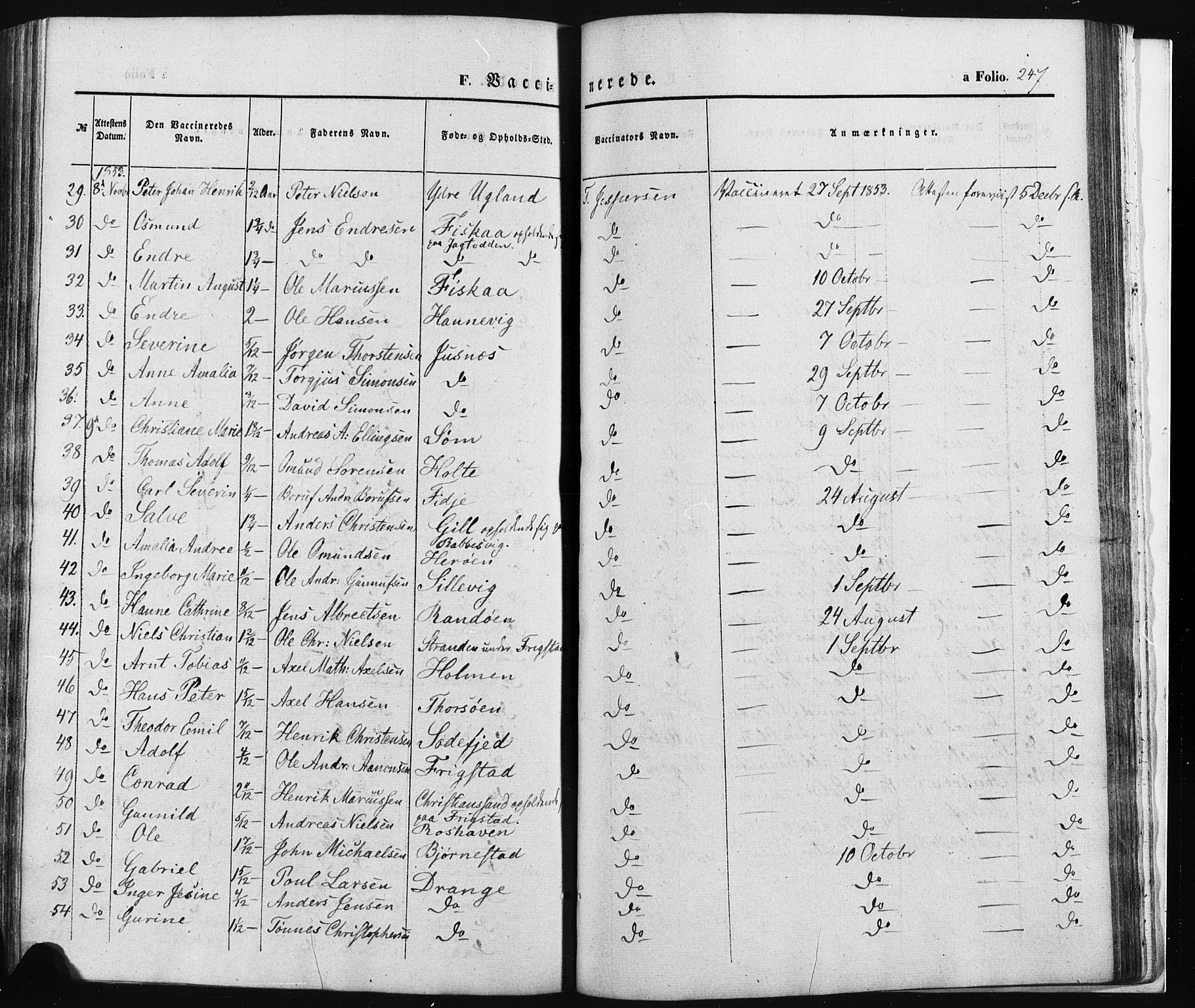 Oddernes sokneprestkontor, SAK/1111-0033/F/Fa/Faa/L0007: Parish register (official) no. A 7, 1851-1863, p. 247