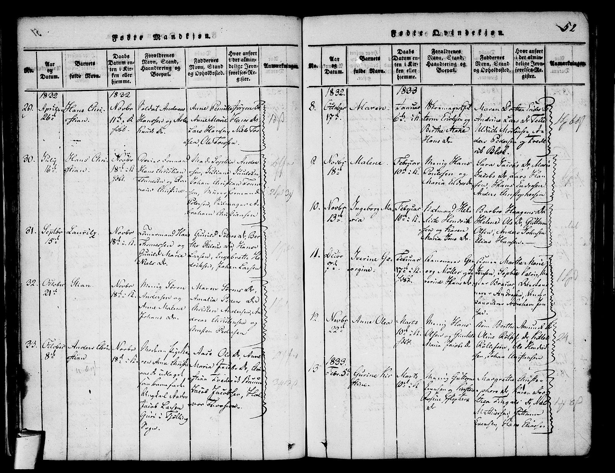 Stavern kirkebøker, SAKO/A-318/F/Fa/L0006: Parish register (official) no. 6, 1816-1839, p. 52