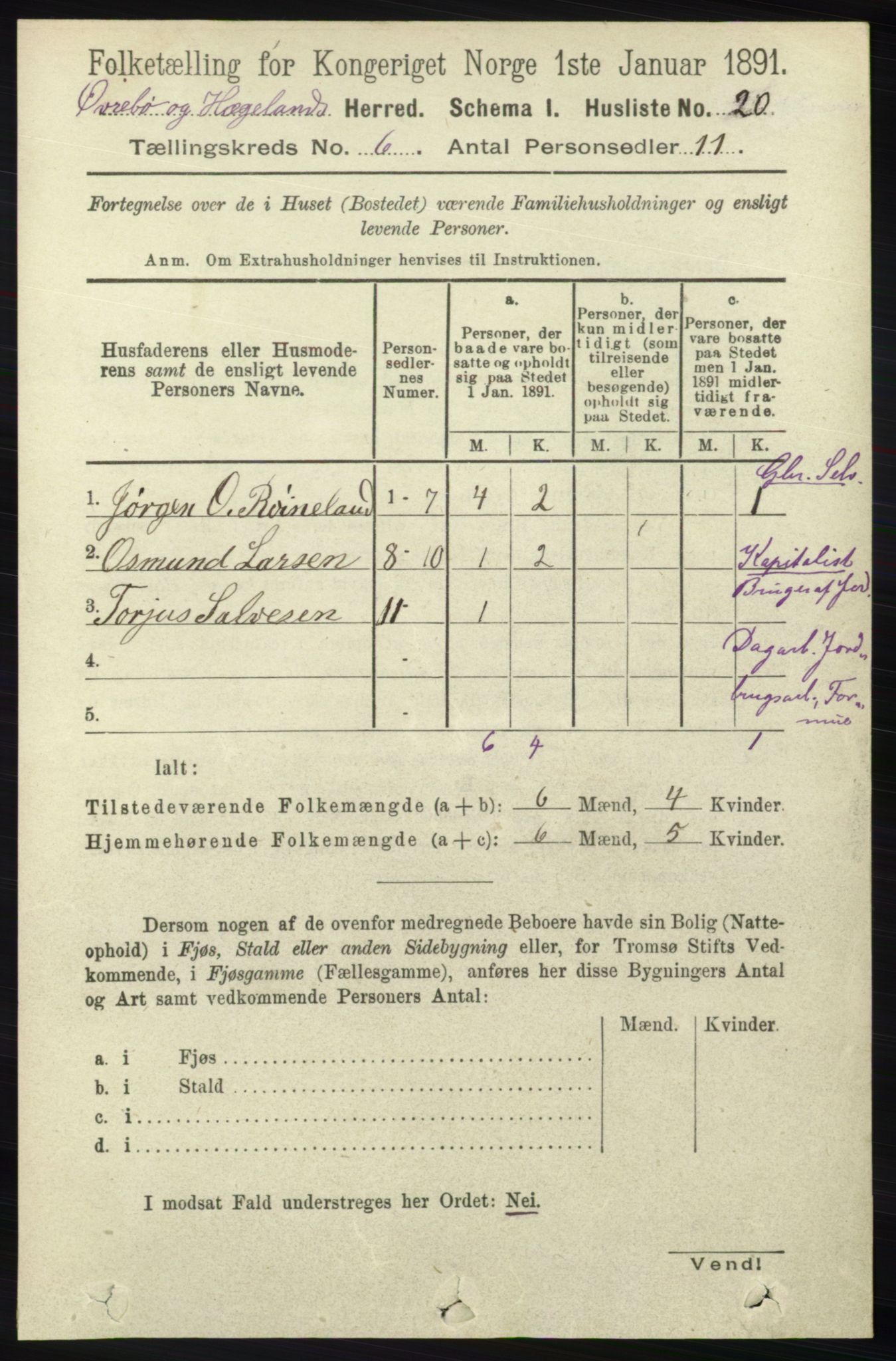 RA, 1891 census for 1016 Øvrebø og Hægeland, 1891, p. 1166