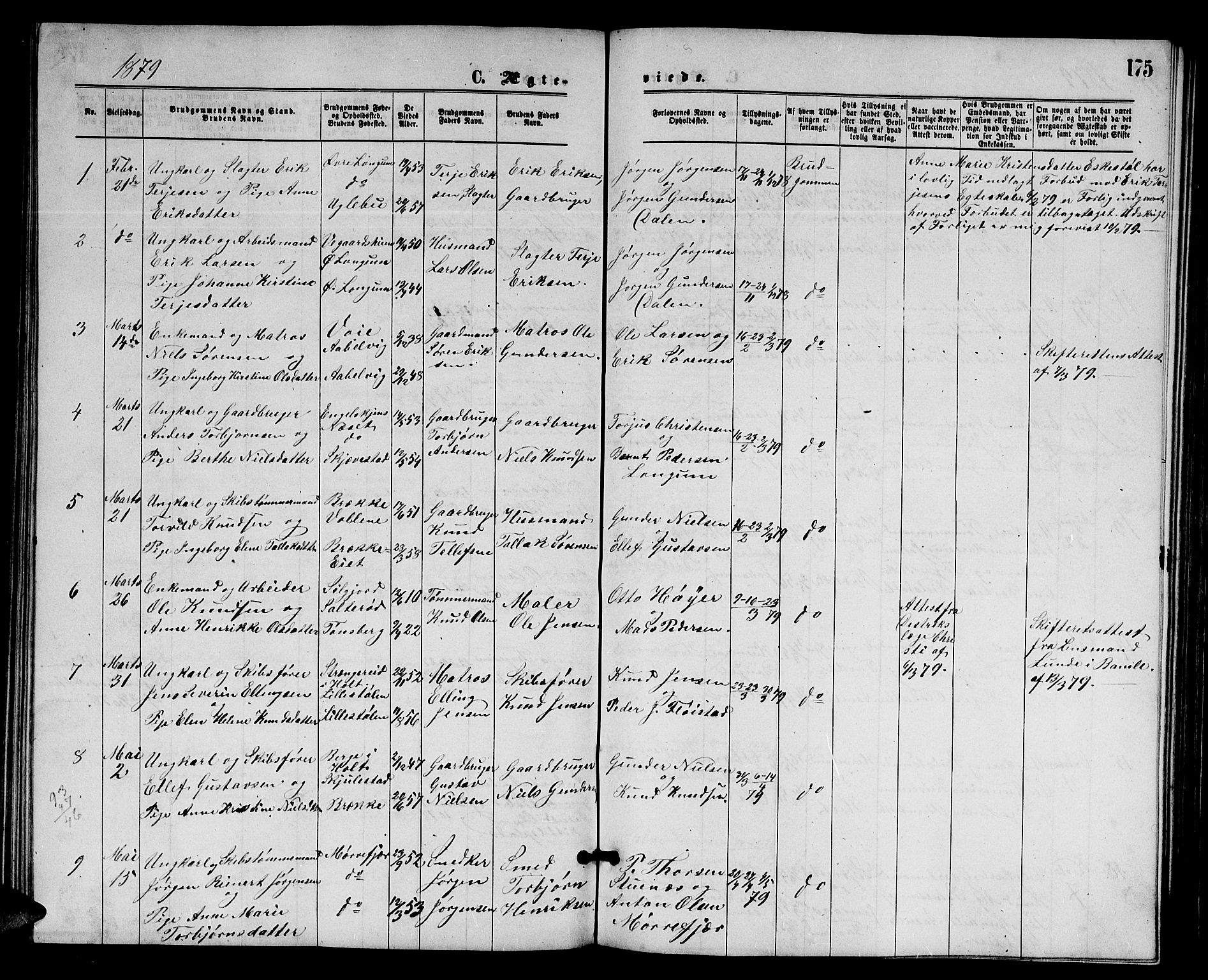 Austre Moland sokneprestkontor, AV/SAK-1111-0001/F/Fb/Fba/L0002: Parish register (copy) no. B 2, 1869-1879, p. 175