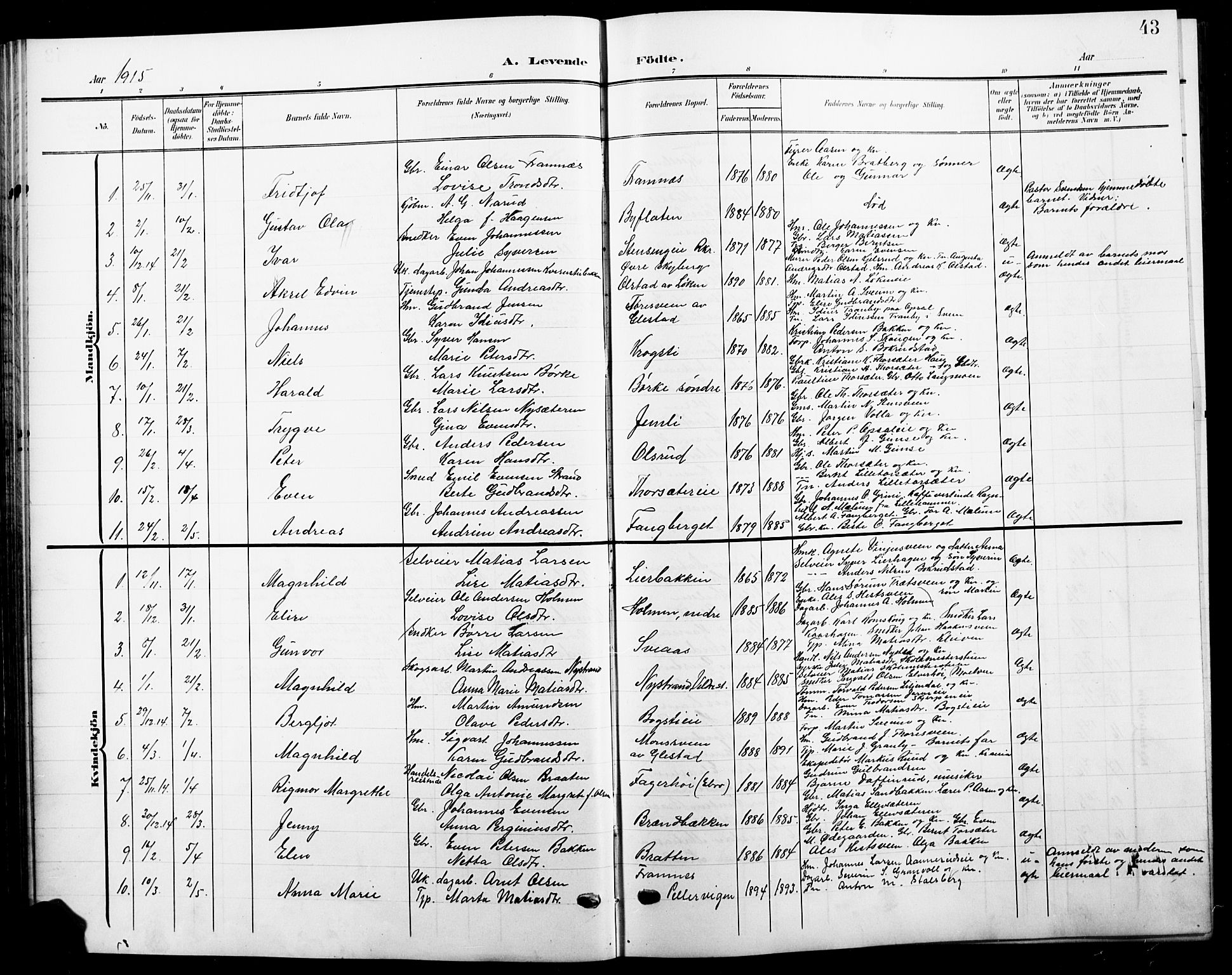 Ringsaker prestekontor, SAH/PREST-014/L/La/L0017: Parish register (copy) no. 17, 1905-1920, p. 43