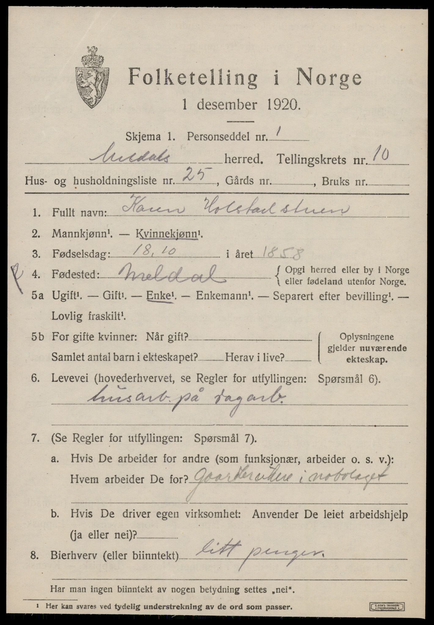 SAT, 1920 census for Meldal, 1920, p. 8497