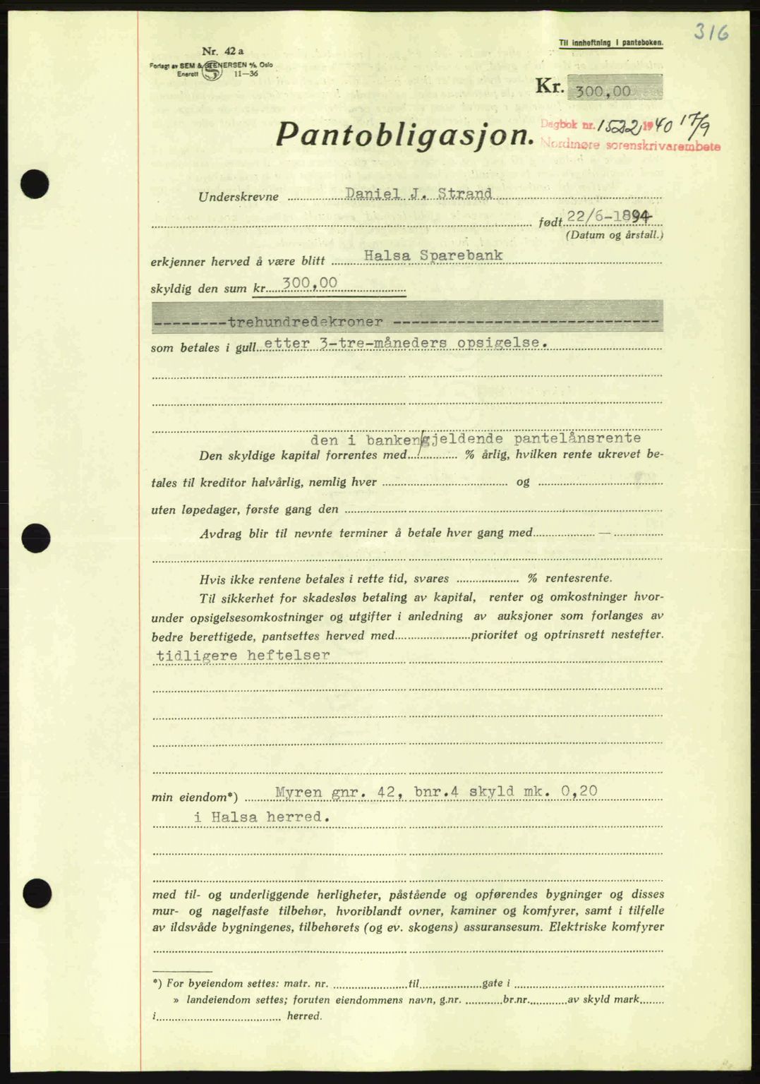 Nordmøre sorenskriveri, AV/SAT-A-4132/1/2/2Ca: Mortgage book no. B87, 1940-1941, Diary no: : 1522/1940