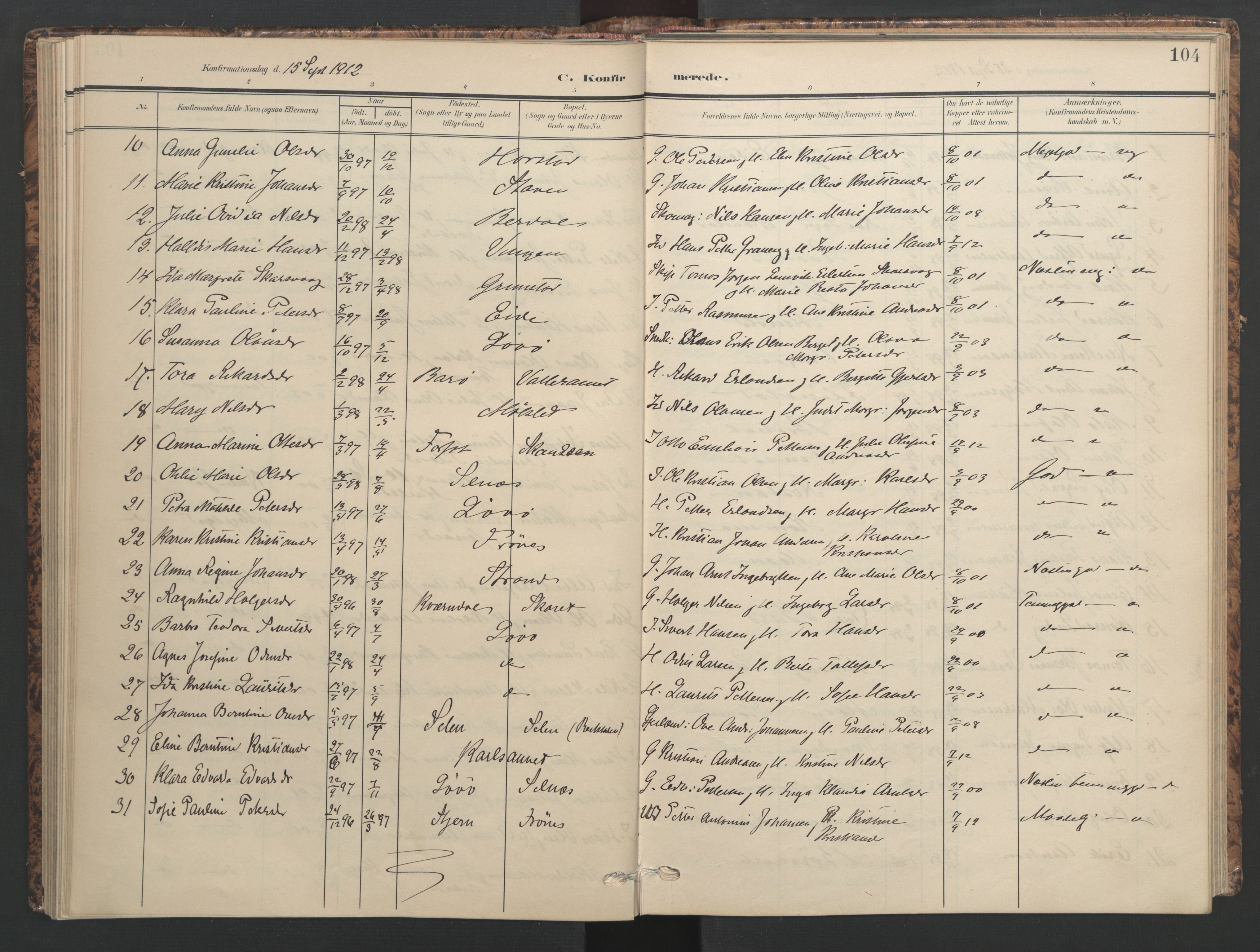 Ministerialprotokoller, klokkerbøker og fødselsregistre - Sør-Trøndelag, SAT/A-1456/655/L0682: Parish register (official) no. 655A11, 1908-1922, p. 104