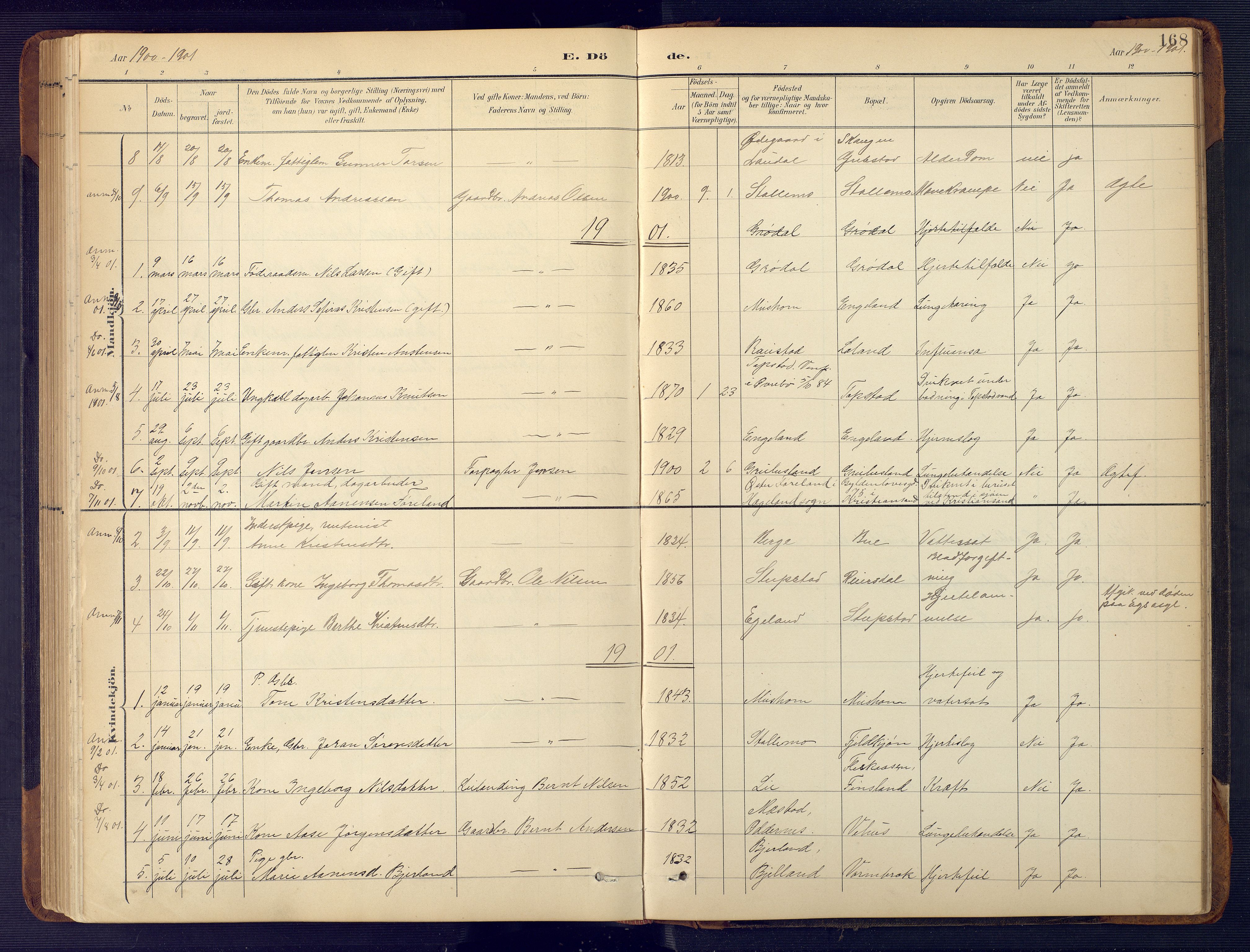 Vennesla sokneprestkontor, SAK/1111-0045/Fb/Fbc/L0003: Parish register (copy) no. B 3, 1895-1946, p. 168