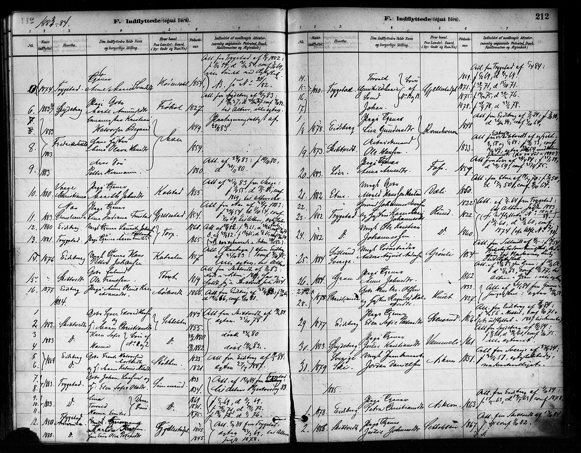 Askim prestekontor Kirkebøker, SAO/A-10900/F/Fa/L0007: Parish register (official) no. 7, 1882-1897, p. 212