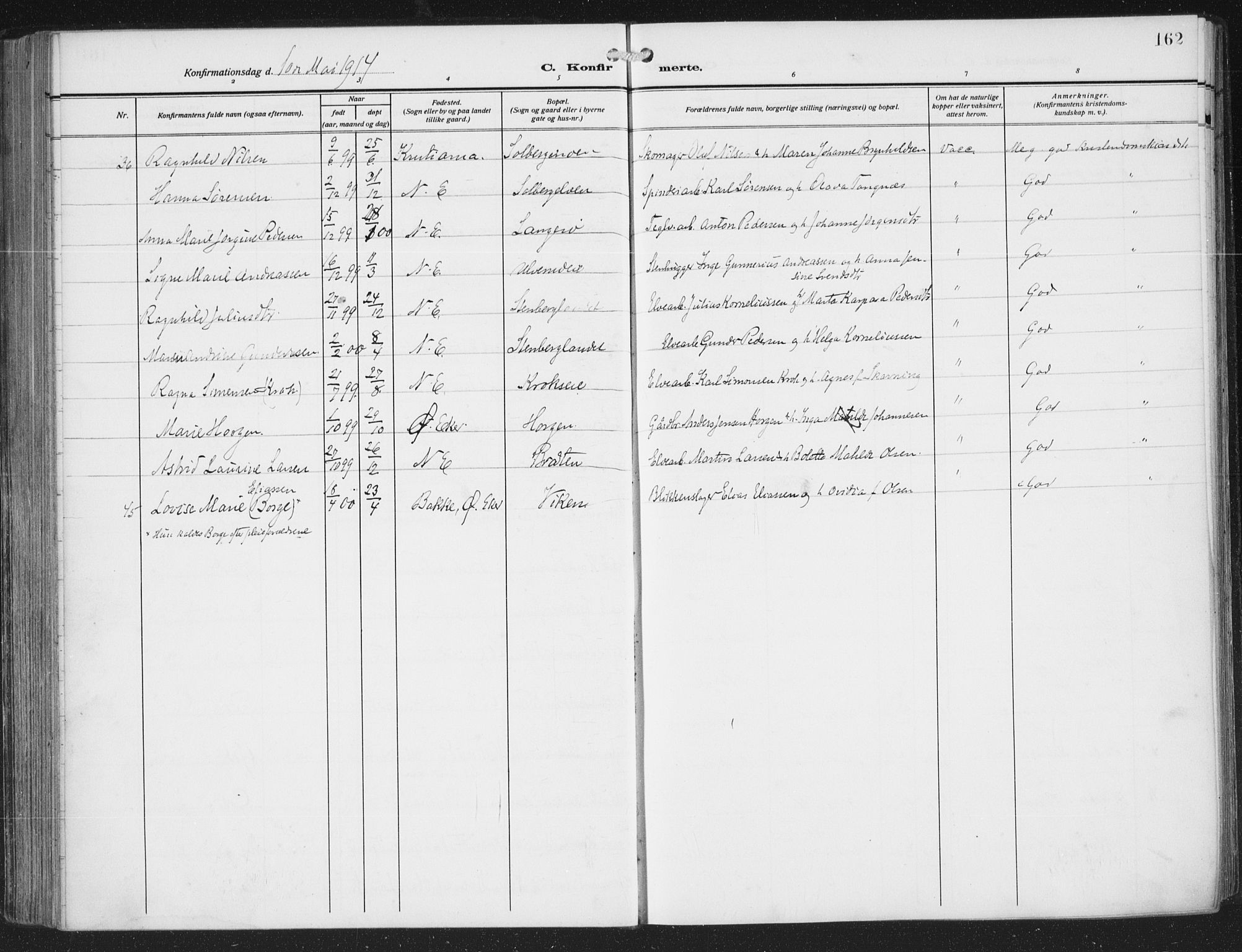 Nedre Eiker kirkebøker, AV/SAKO-A-612/F/Fa/L0007: Parish register (official) no. 7, 1912-1918, p. 162