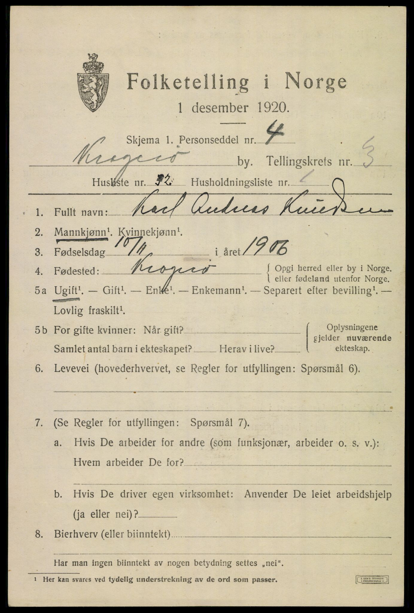 SAKO, 1920 census for Kragerø, 1920, p. 7661
