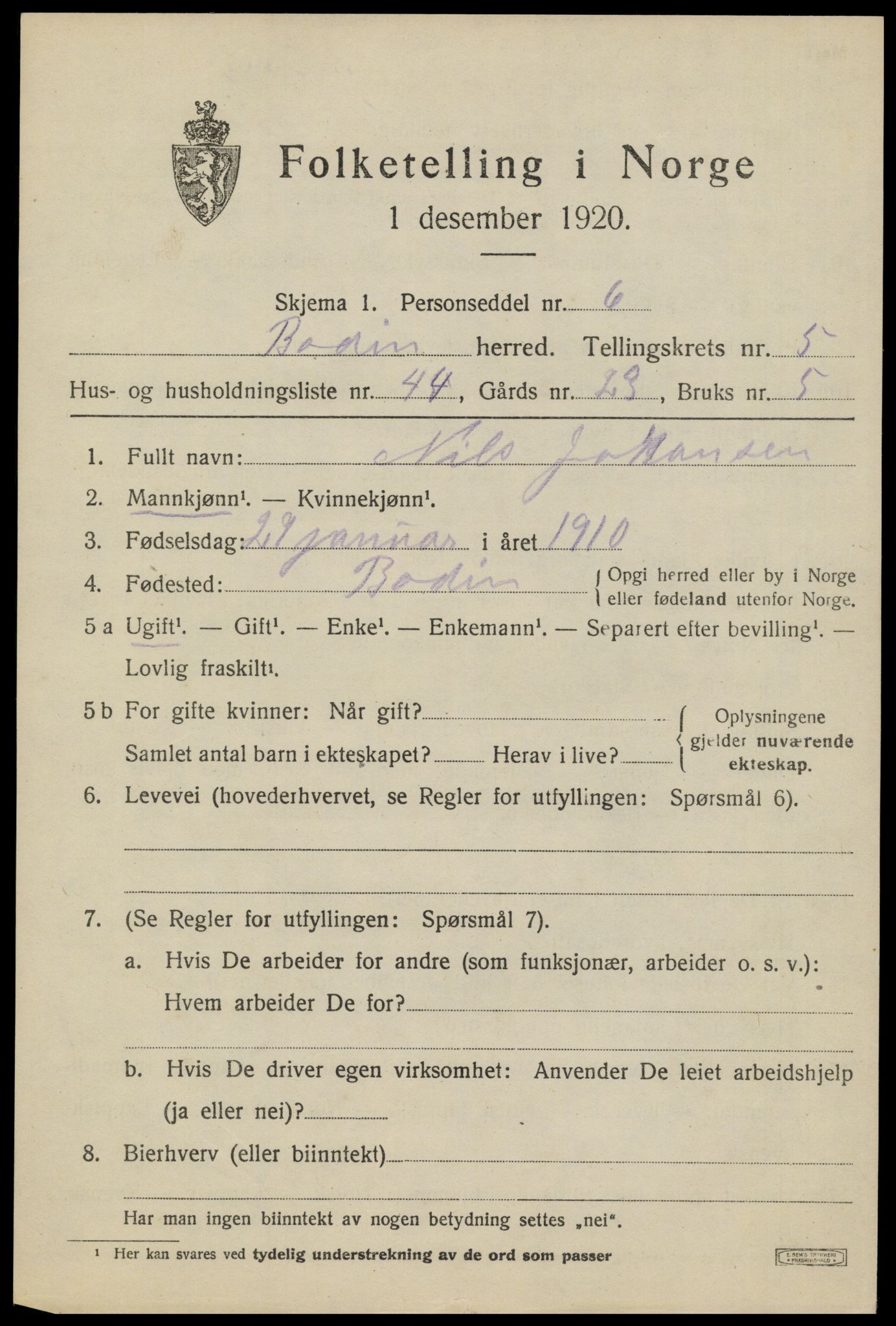 SAT, 1920 census for Bodin, 1920, p. 3448