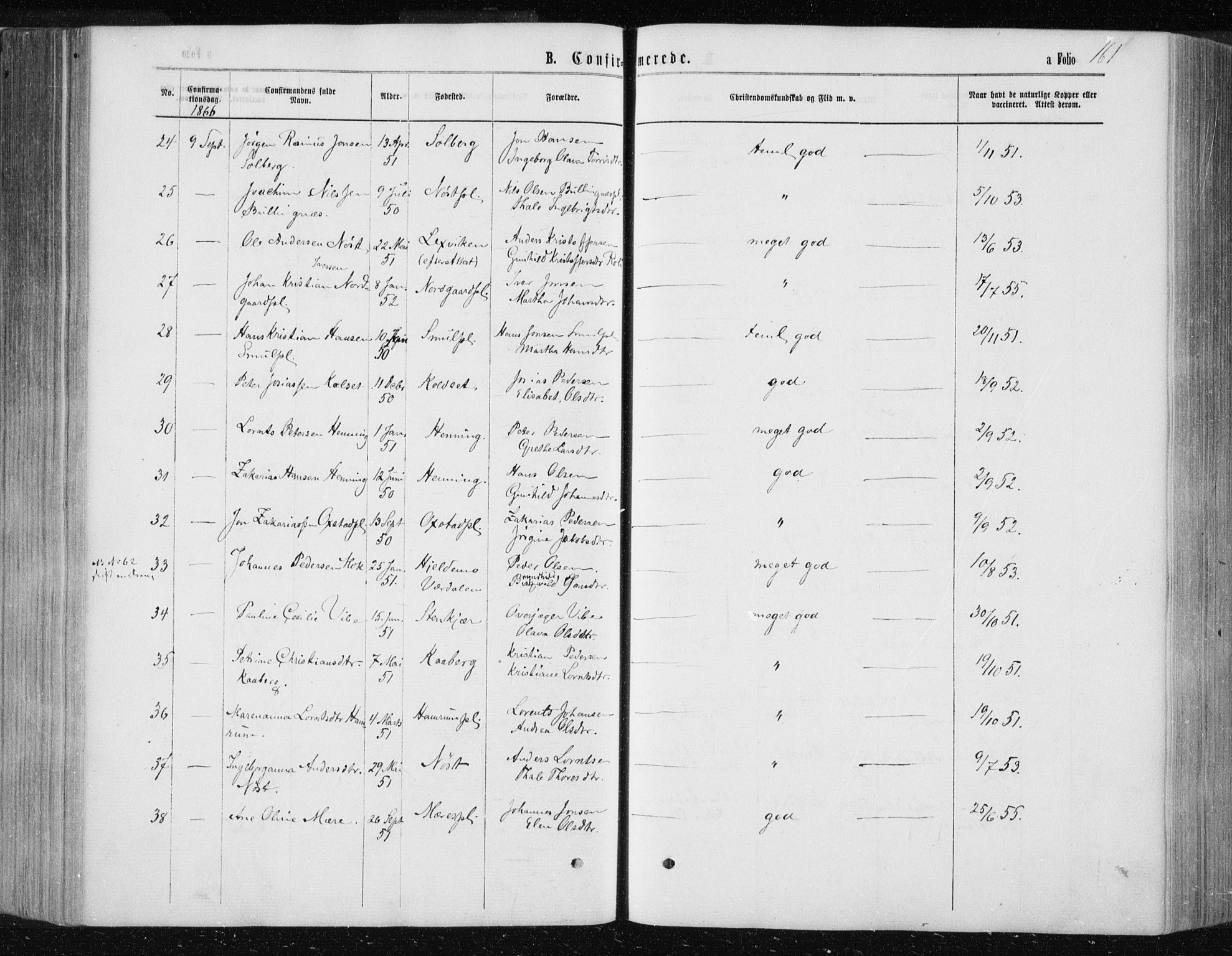 Ministerialprotokoller, klokkerbøker og fødselsregistre - Nord-Trøndelag, AV/SAT-A-1458/735/L0345: Parish register (official) no. 735A08 /1, 1863-1872, p. 161