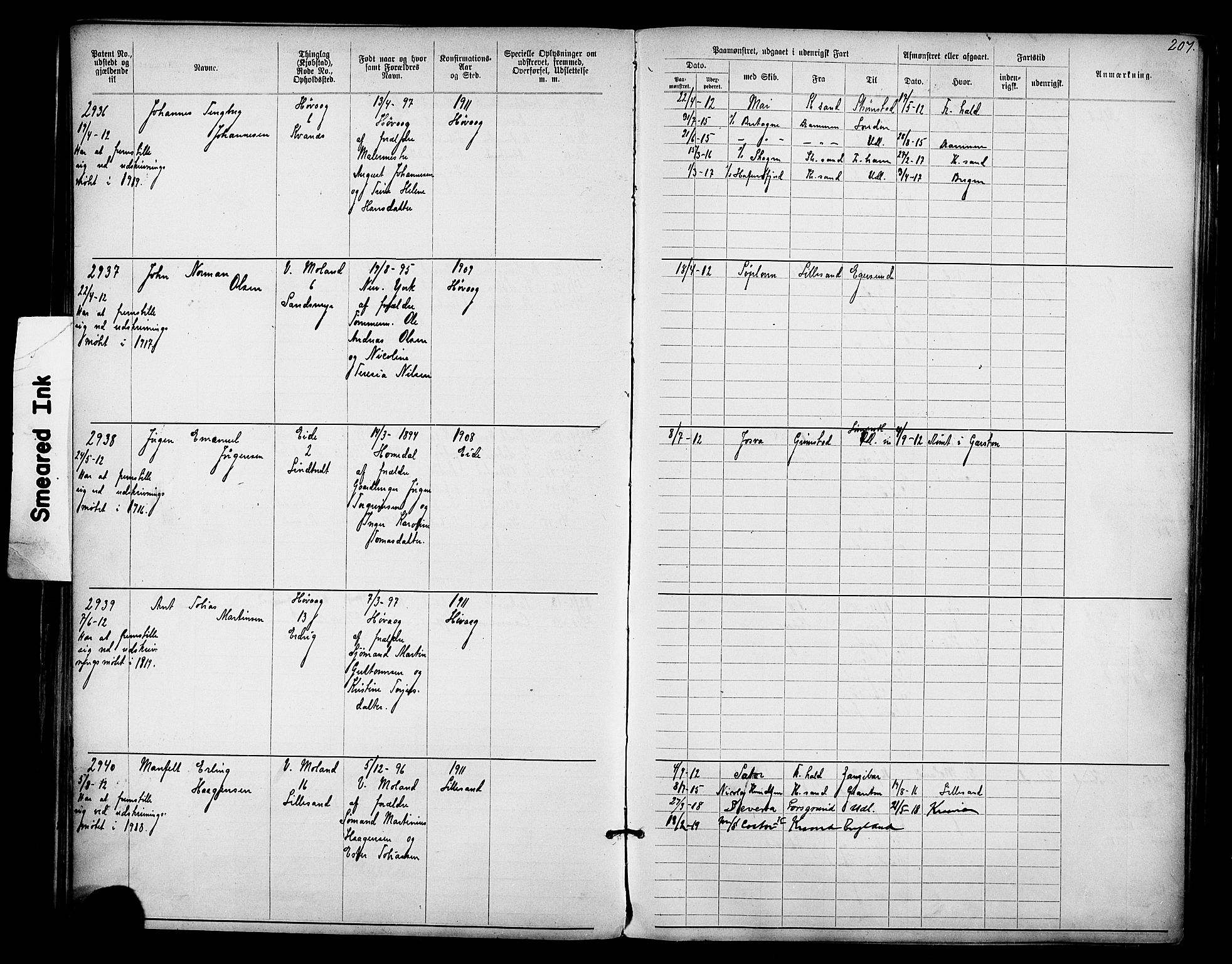 Lillesand mønstringskrets, AV/SAK-2031-0014/F/Fa/L0003: Annotasjonsrulle nr 1911-3489 med register, W-9, 1891-1932, p. 238