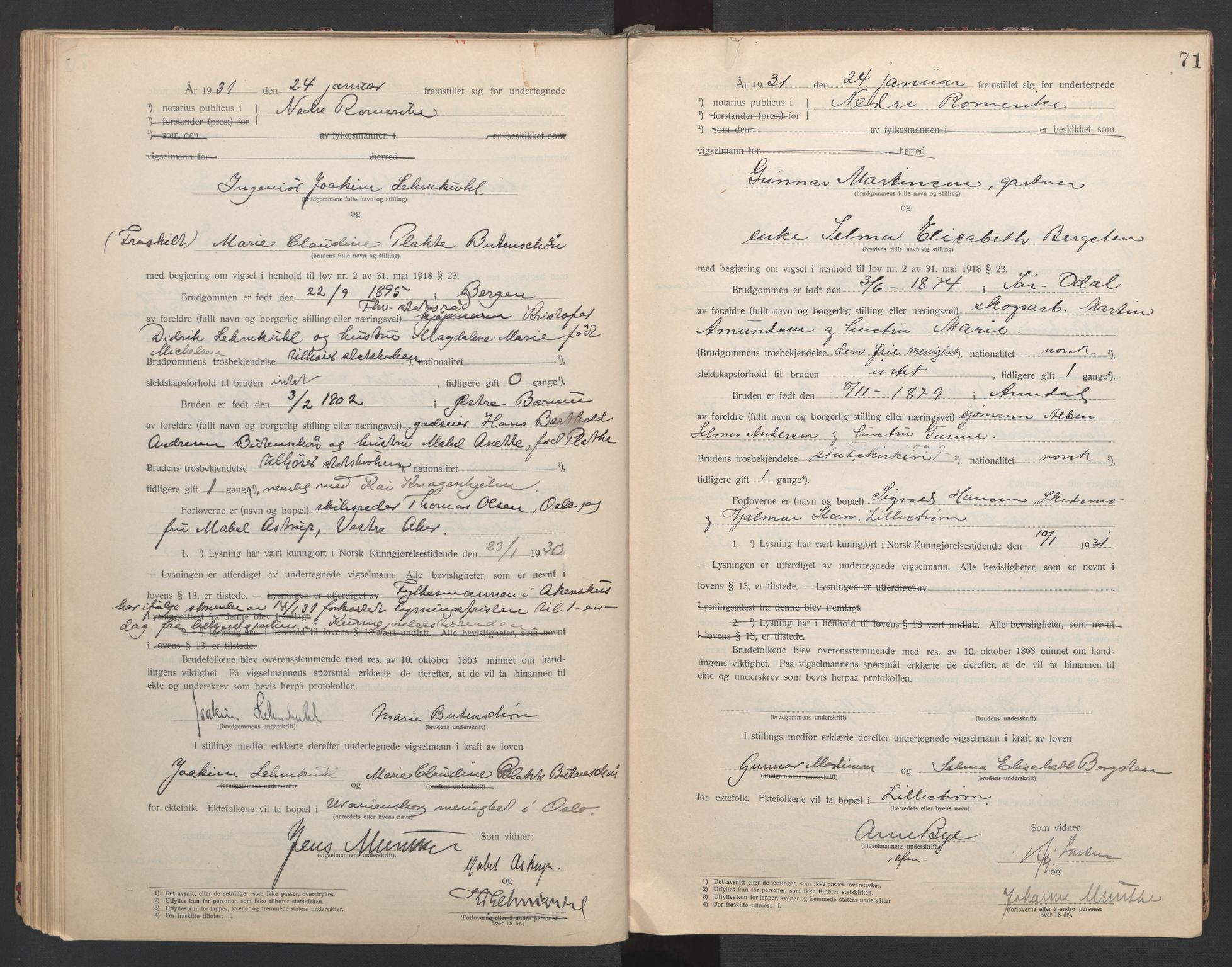 Nedre Romerike sorenskriveri, AV/SAO-A-10469/L/Lb/L0001: Vigselsbok - borgerlige vielser, 1920-1935, p. 71