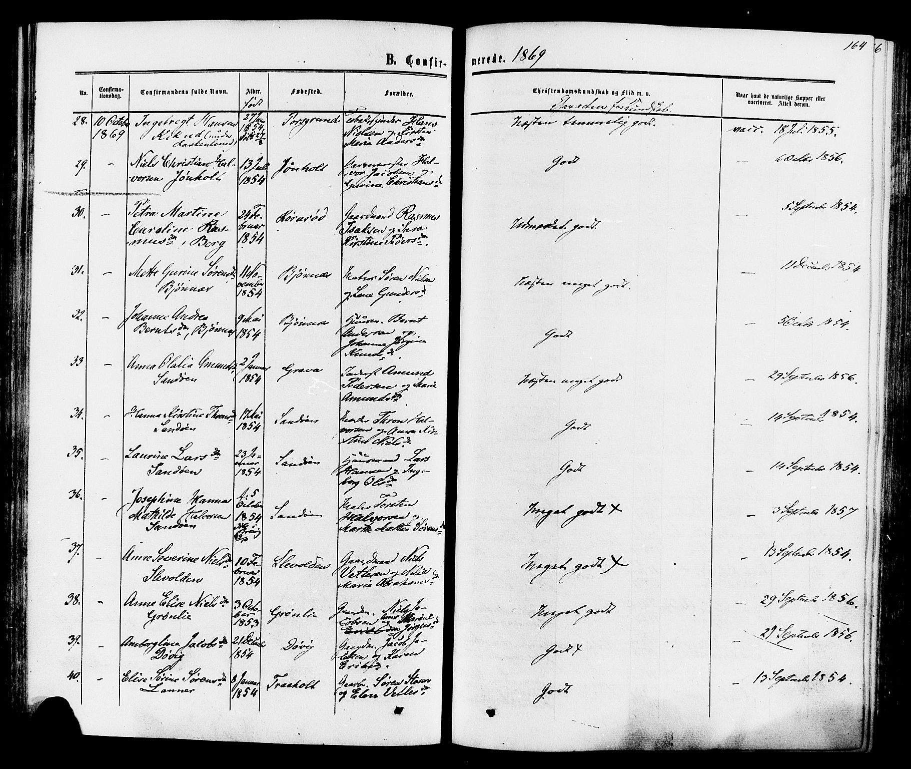 Eidanger kirkebøker, AV/SAKO-A-261/F/Fa/L0010: Parish register (official) no. 10, 1859-1874, p. 164