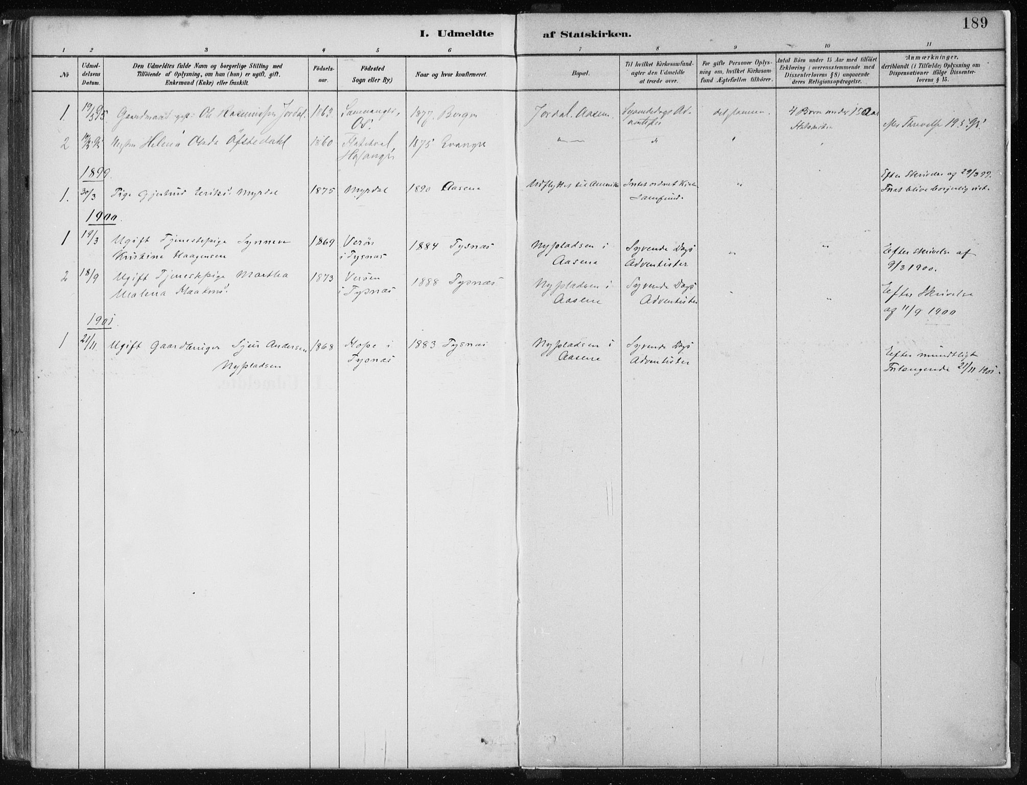 Hamre sokneprestembete, SAB/A-75501/H/Ha/Haa/Haad/L0001: Parish register (official) no. D  1, 1882-1906, p. 189