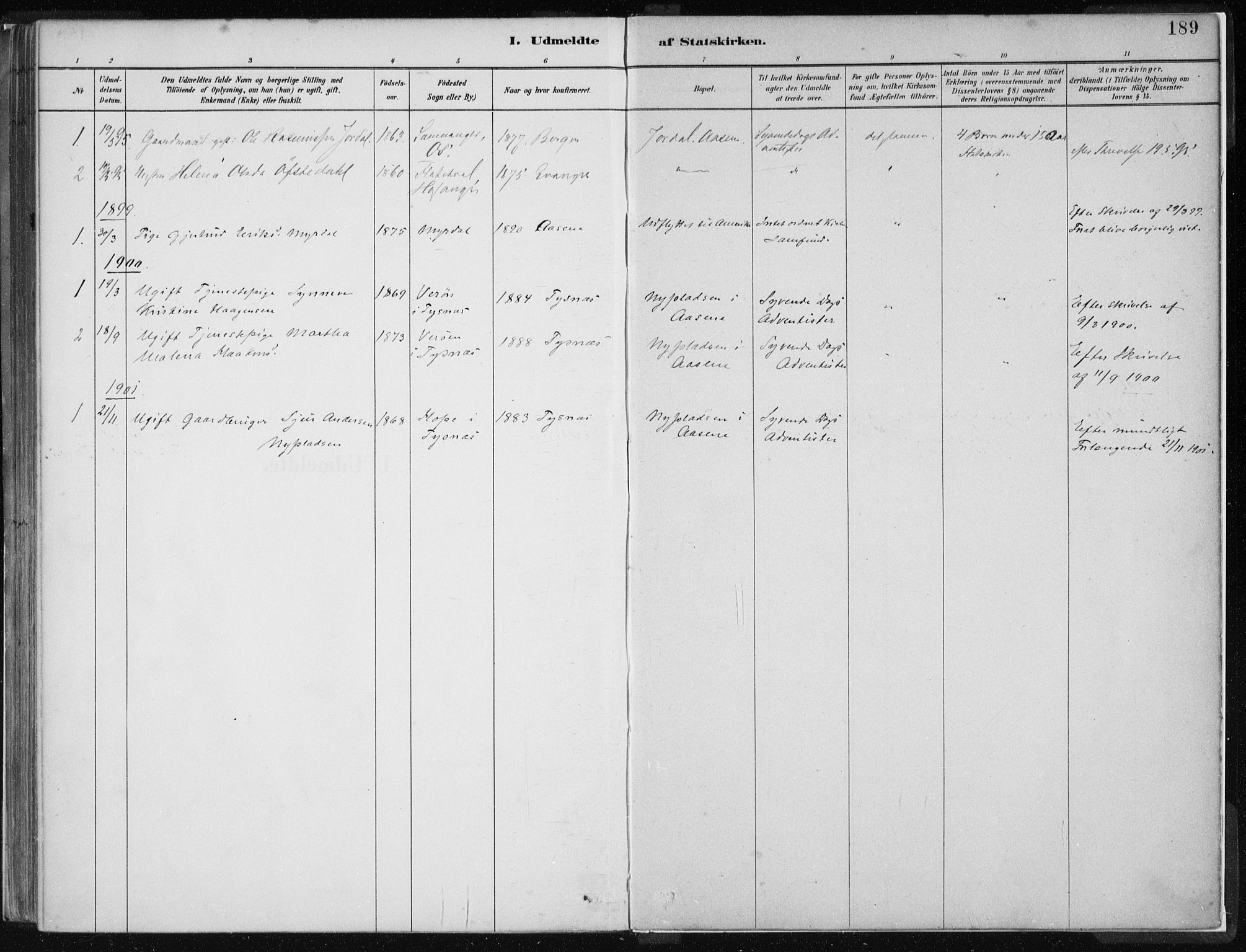 Hamre sokneprestembete, AV/SAB-A-75501/H/Ha/Haa/Haad/L0001: Parish register (official) no. D  1, 1882-1906, p. 189