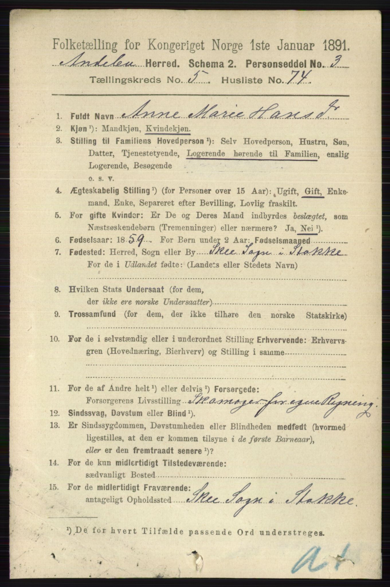 RA, 1891 census for 0719 Andebu, 1891, p. 3060