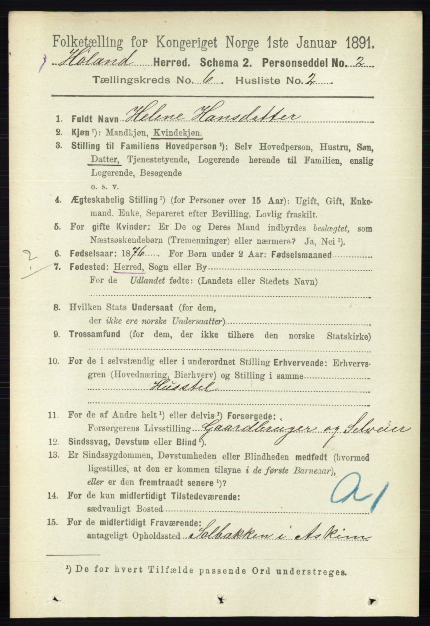 RA, 1891 census for 0221 Høland, 1891, p. 4347