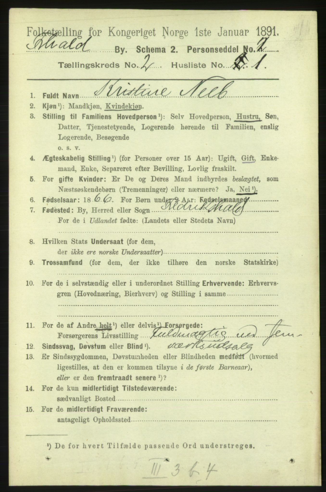 RA, 1891 census for 0101 Fredrikshald, 1891, p. 2657