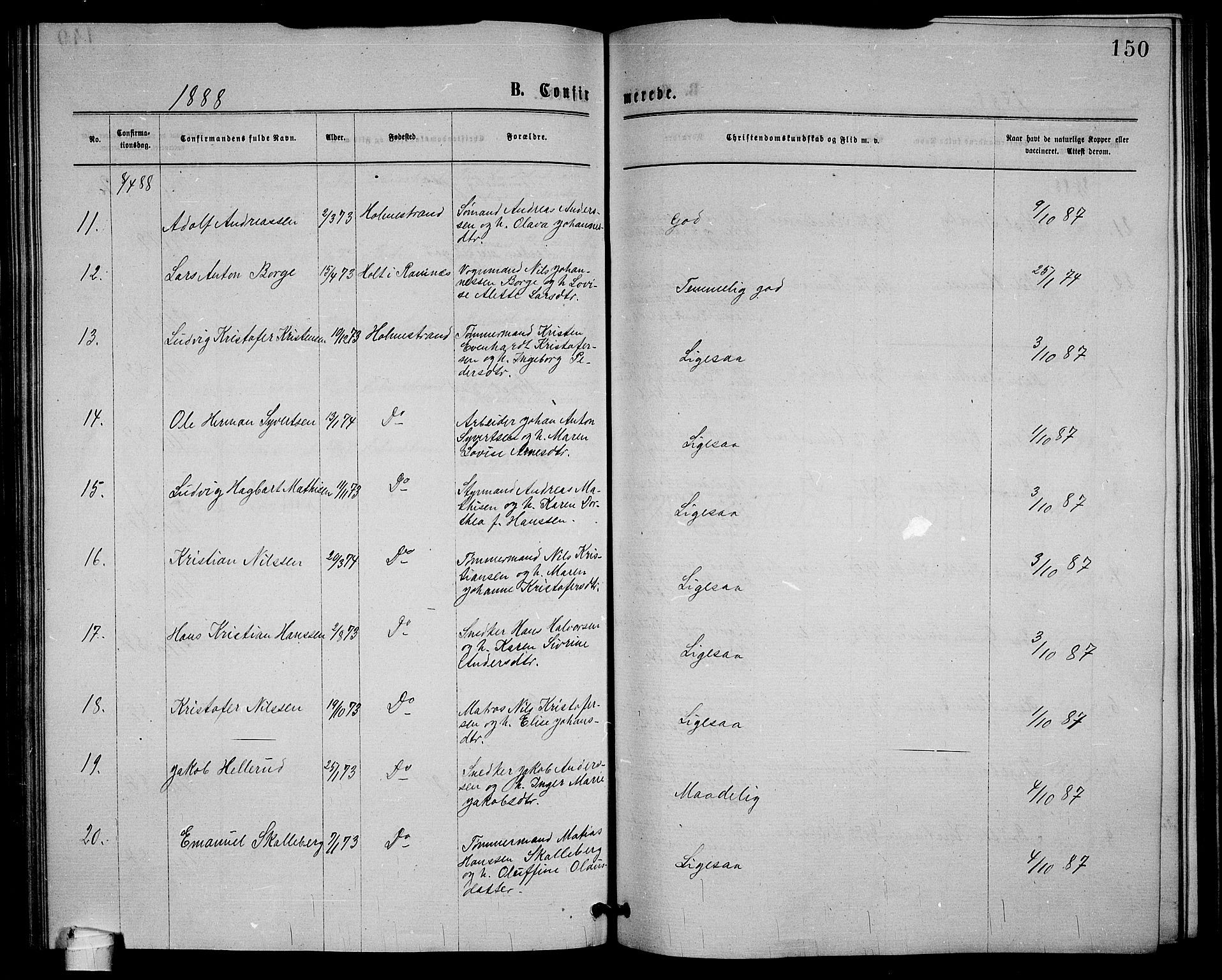 Holmestrand kirkebøker, AV/SAKO-A-346/G/Ga/L0004: Parish register (copy) no. 4, 1874-1888, p. 150