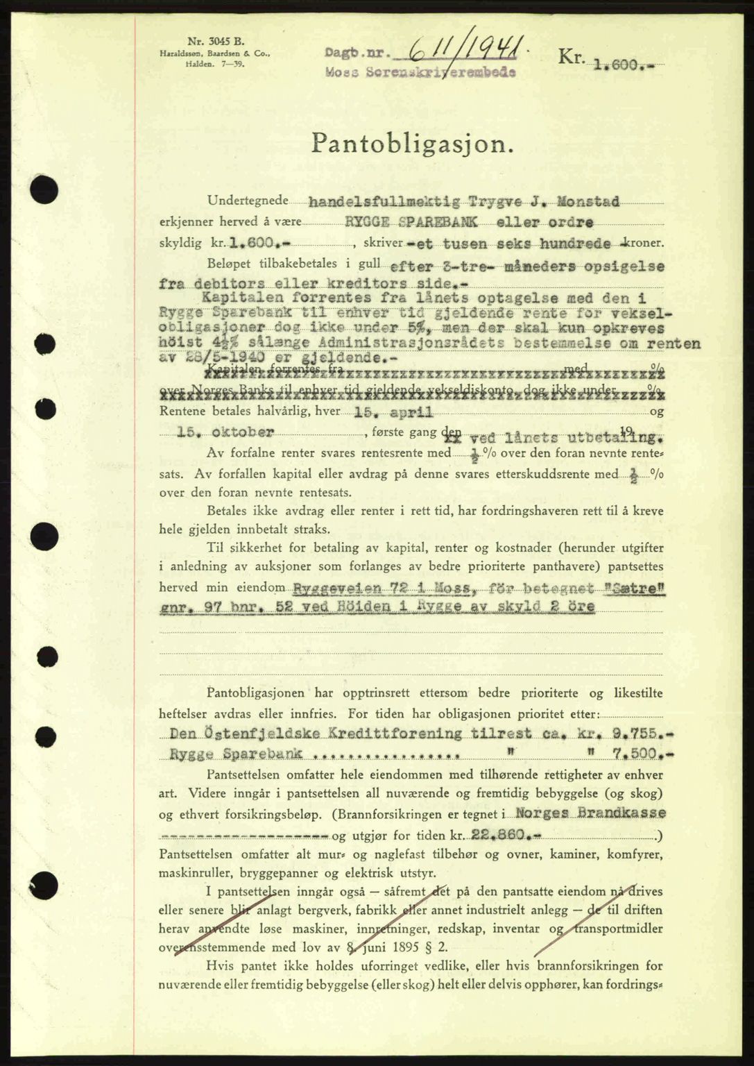 Moss sorenskriveri, SAO/A-10168: Mortgage book no. B10, 1940-1941, Diary no: : 611/1941