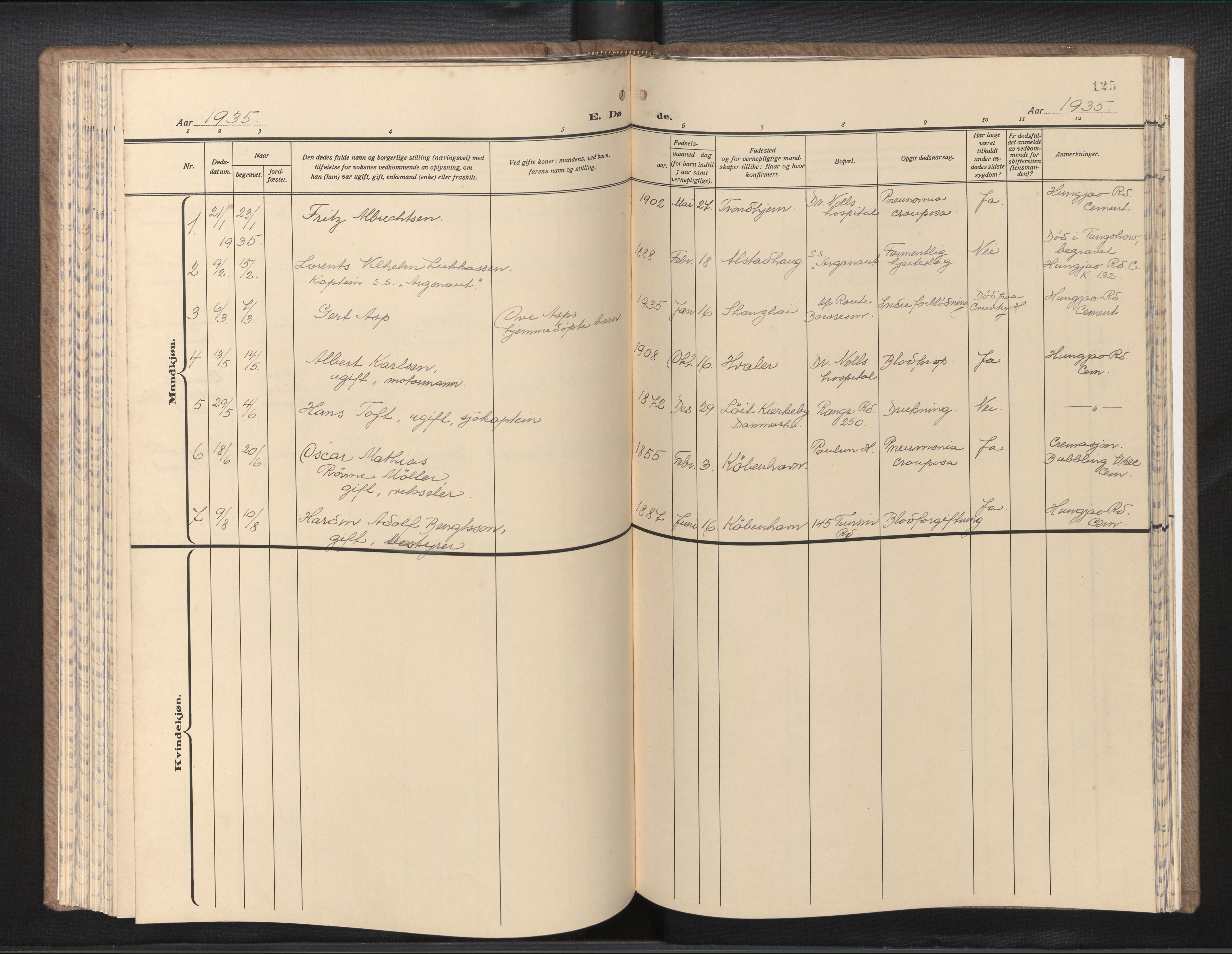  Den norske sjømannsmisjon i utlandet/Kinesiske havner (Shanghai-Hong Kong), SAB/SAB/PA-0120/H/Ha/Hab/L0001: Parish register (official) no. A 1, 1933-1947, p. 124b-125a