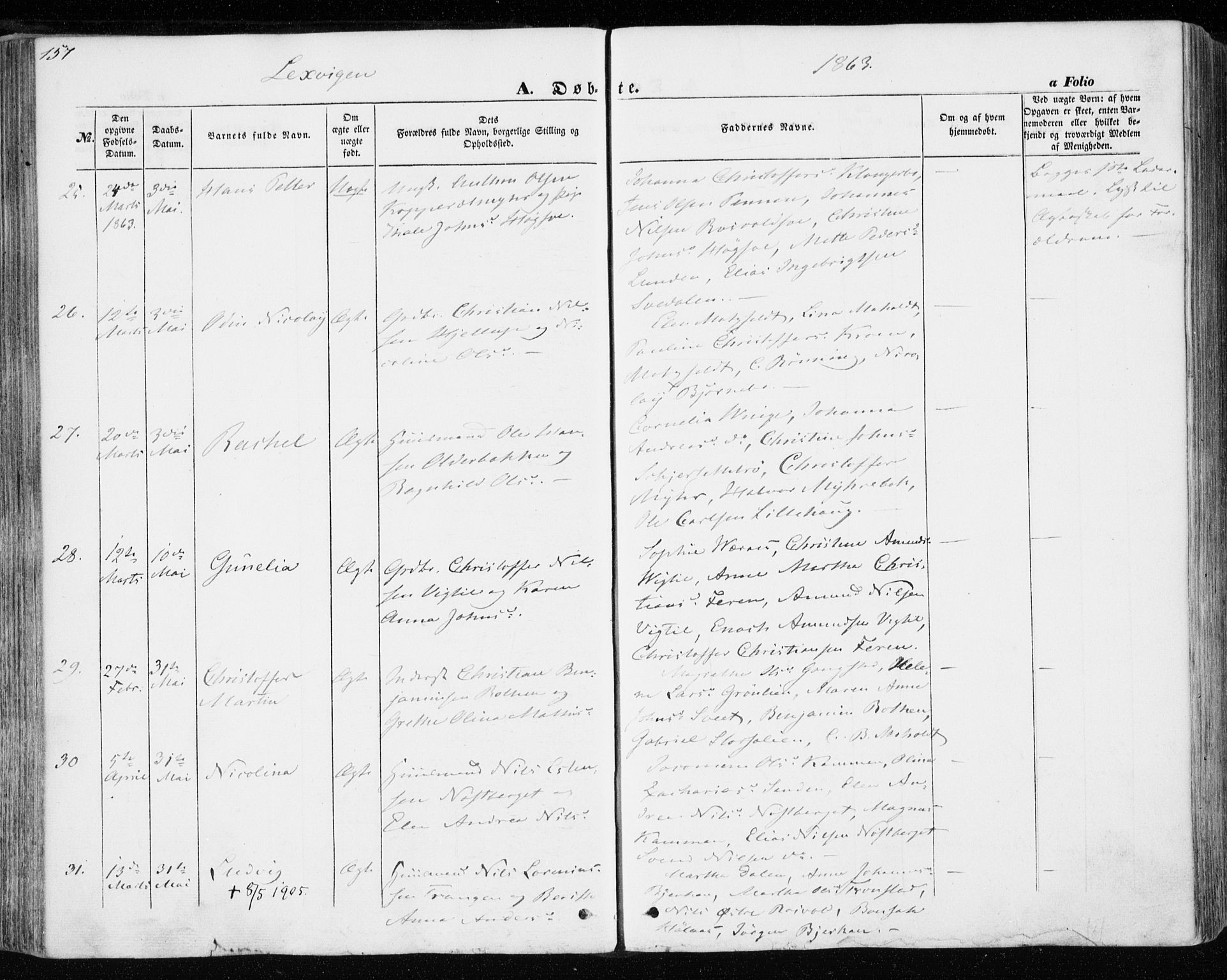Ministerialprotokoller, klokkerbøker og fødselsregistre - Nord-Trøndelag, SAT/A-1458/701/L0008: Parish register (official) no. 701A08 /1, 1854-1863, p. 157