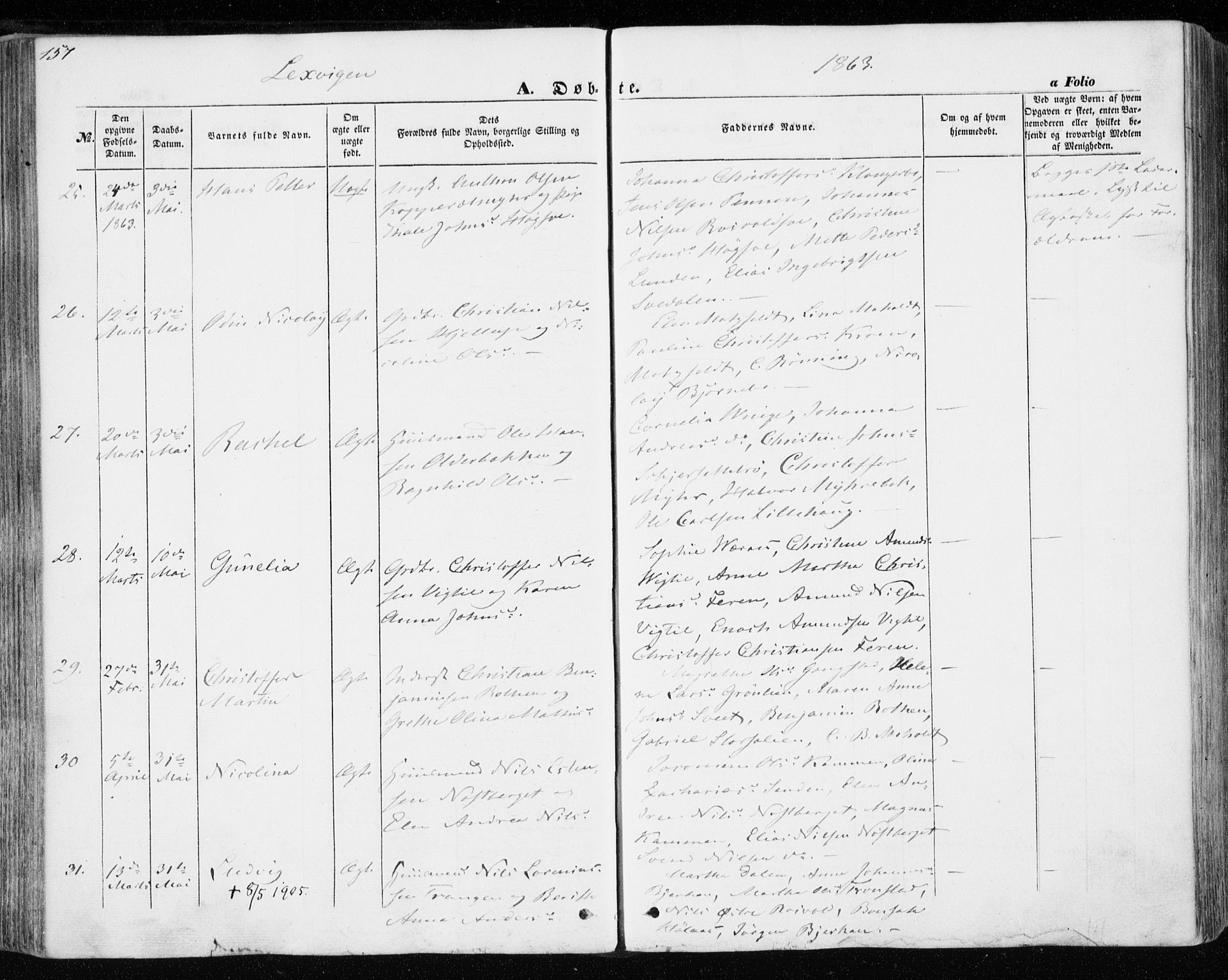 Ministerialprotokoller, klokkerbøker og fødselsregistre - Nord-Trøndelag, AV/SAT-A-1458/701/L0008: Parish register (official) no. 701A08 /1, 1854-1863, p. 157