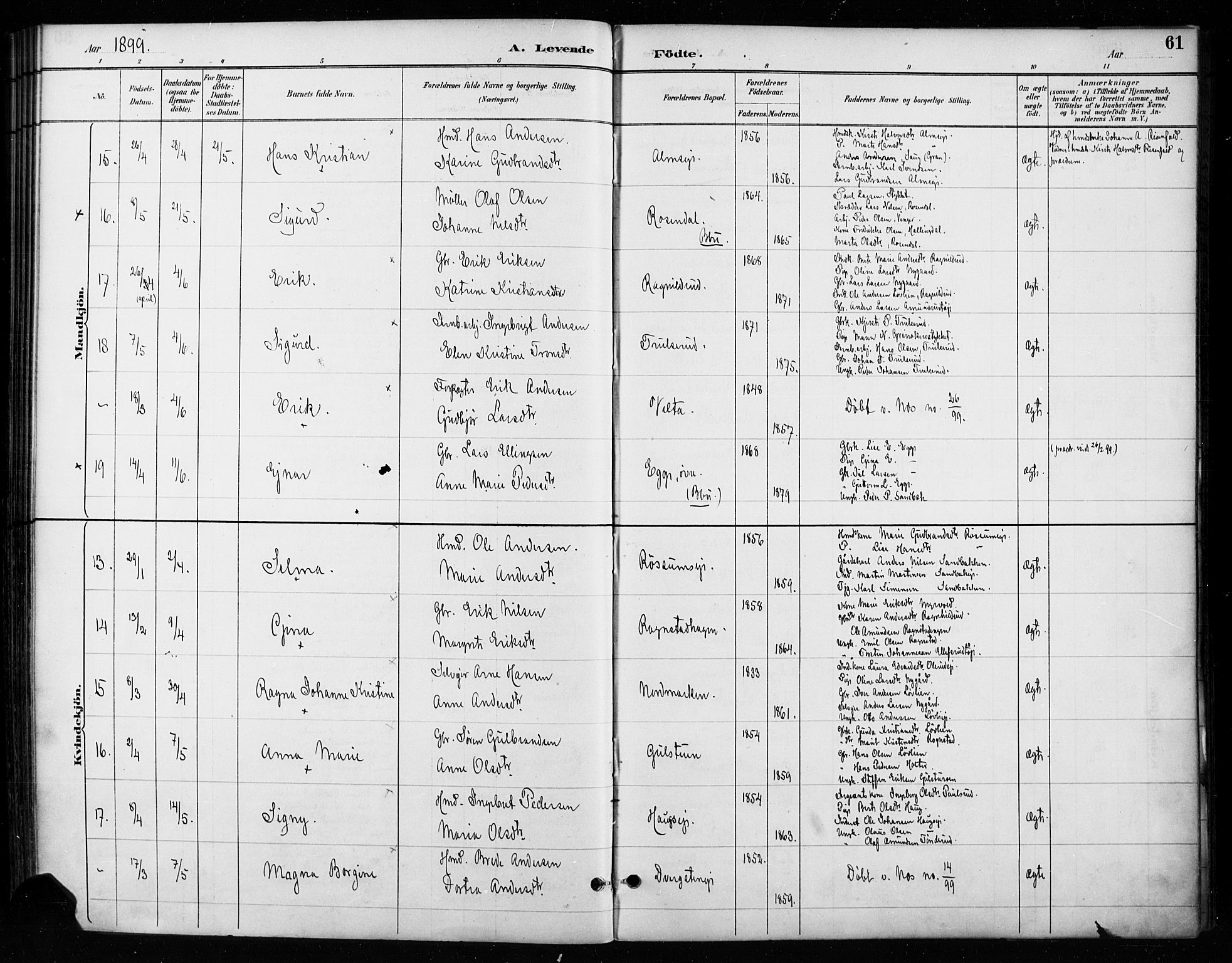 Gran prestekontor, AV/SAH-PREST-112/H/Ha/Haa/L0018: Parish register (official) no. 18, 1889-1899, p. 61
