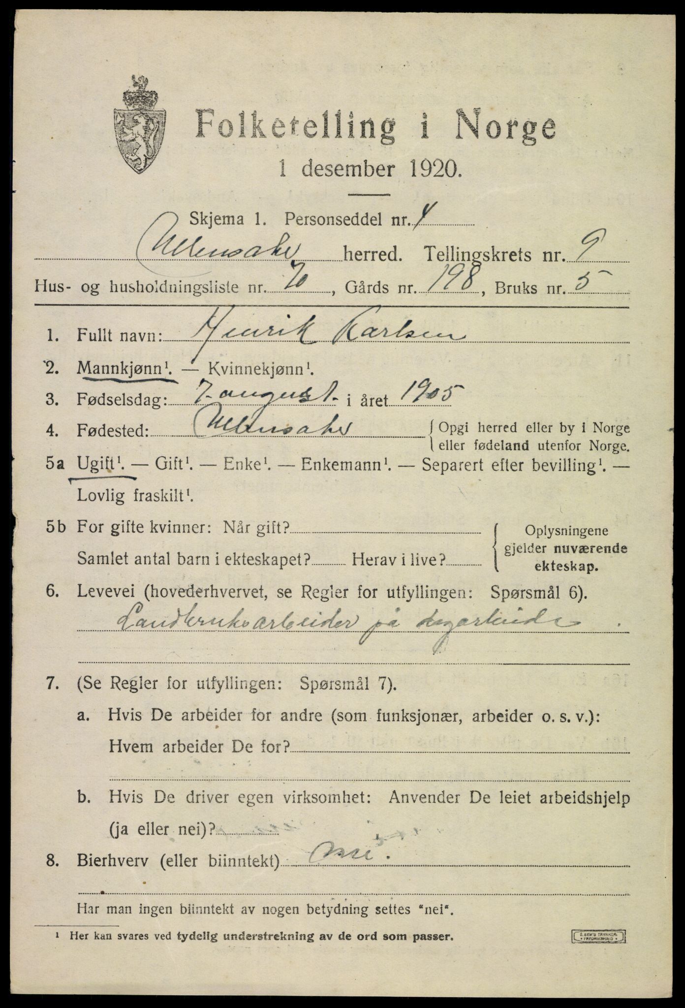 SAO, 1920 census for Ullensaker, 1920, p. 16079