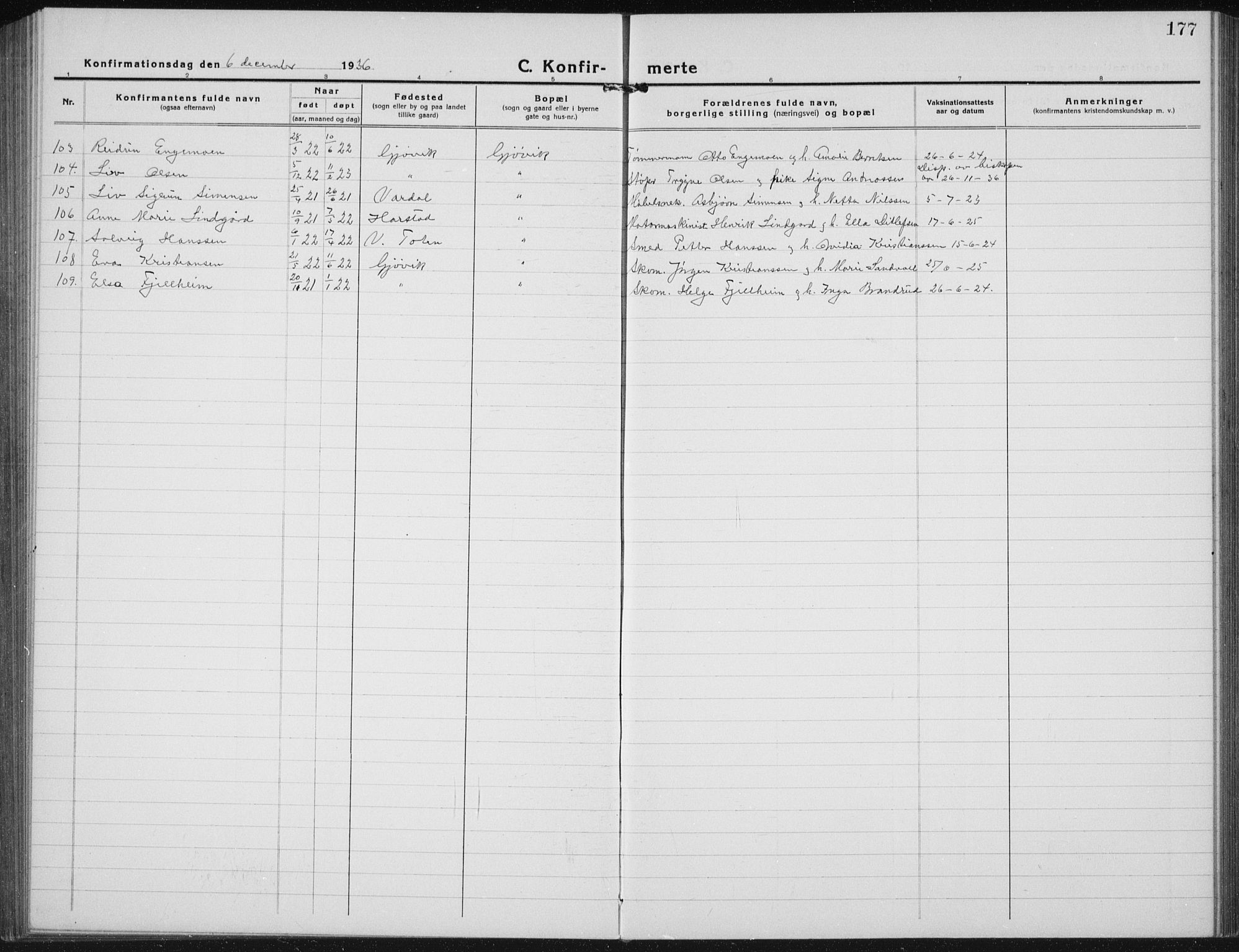 Vardal prestekontor, AV/SAH-PREST-100/H/Ha/Hab/L0017: Parish register (copy) no. 17, 1922-1941, p. 177