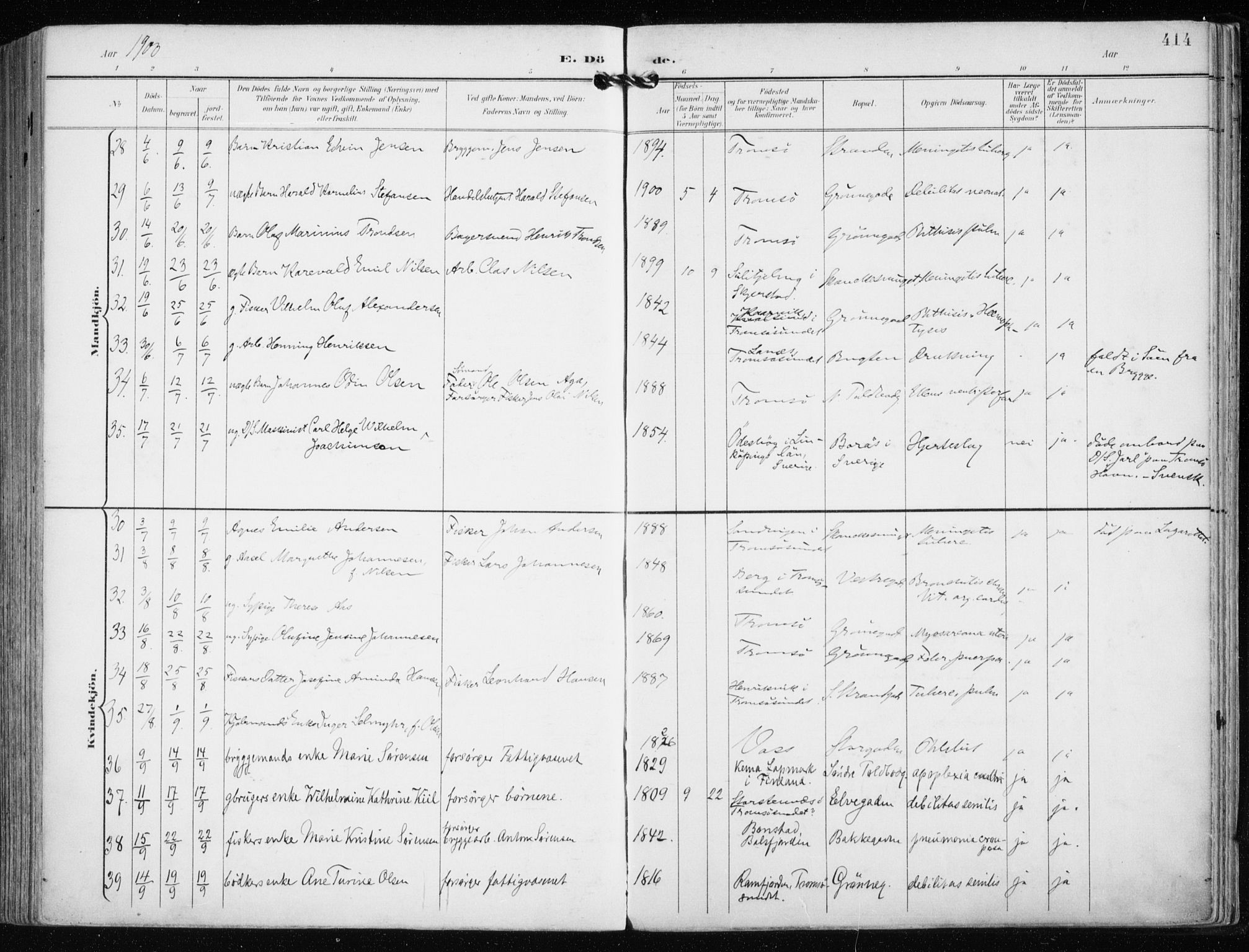 Tromsø sokneprestkontor/stiftsprosti/domprosti, AV/SATØ-S-1343/G/Ga/L0016kirke: Parish register (official) no. 16, 1899-1906, p. 414