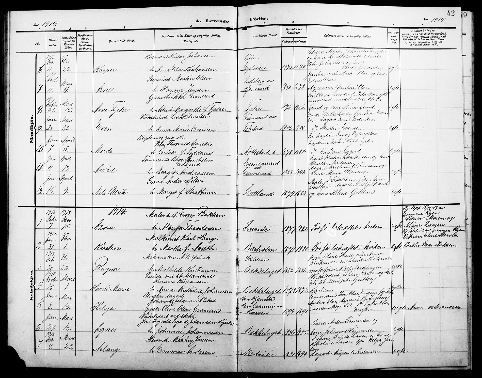 Stange prestekontor, SAH/PREST-002/L/L0013: Parish register (copy) no. 13, 1906-1915, p. 42