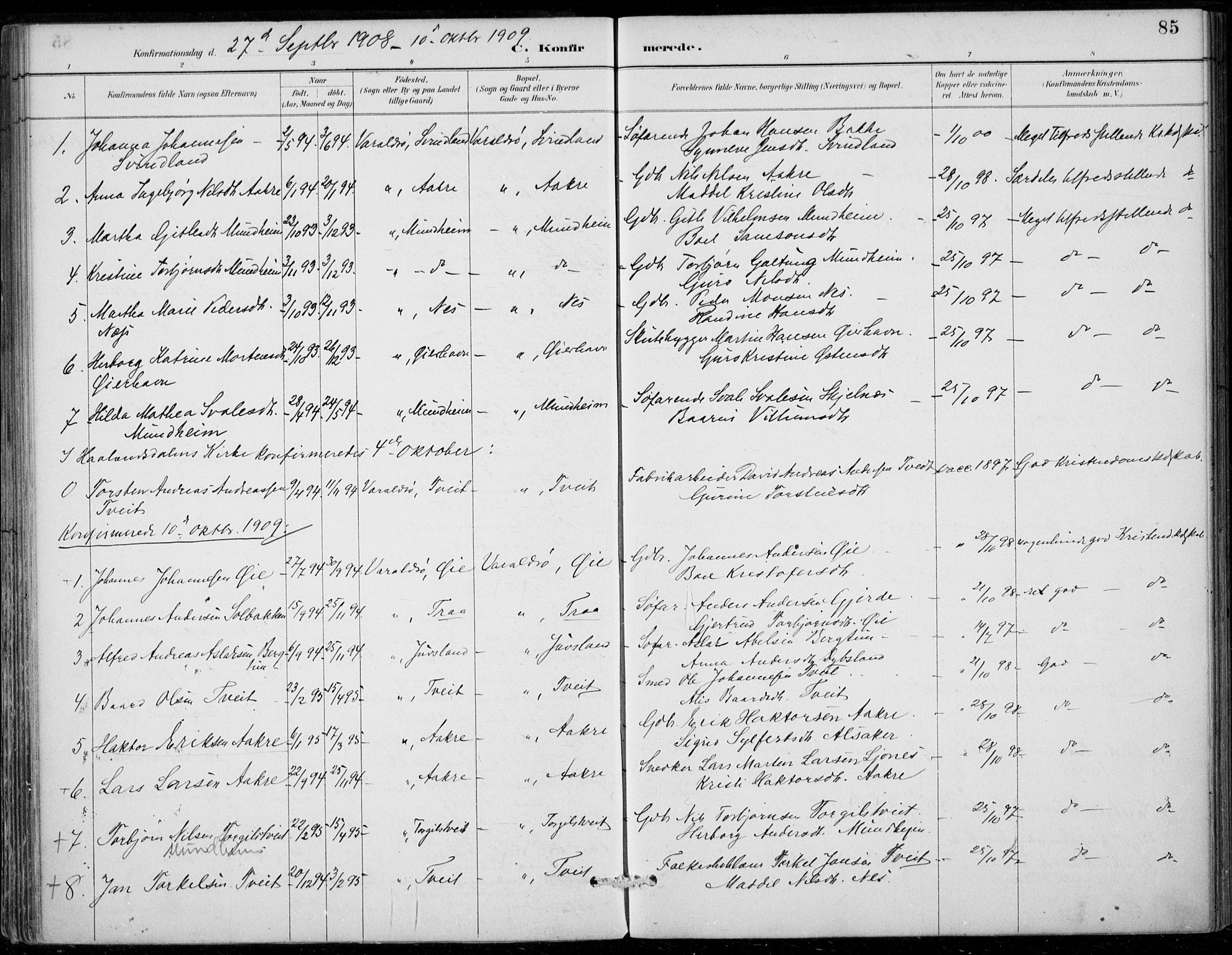Strandebarm sokneprestembete, SAB/A-78401/H/Haa: Parish register (official) no. D  1, 1886-1912, p. 85